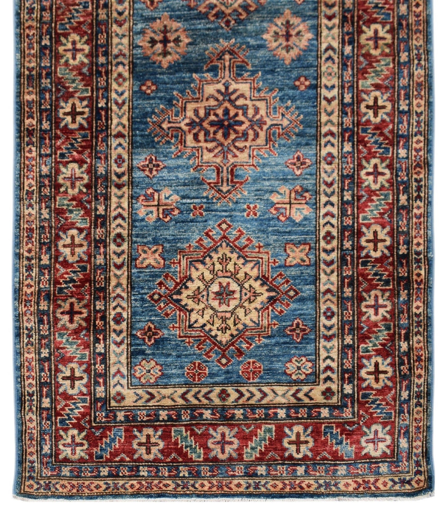 Handmade Afghan Super Kazakh runner rug featuring traditional geometric motifs in blue and red.
