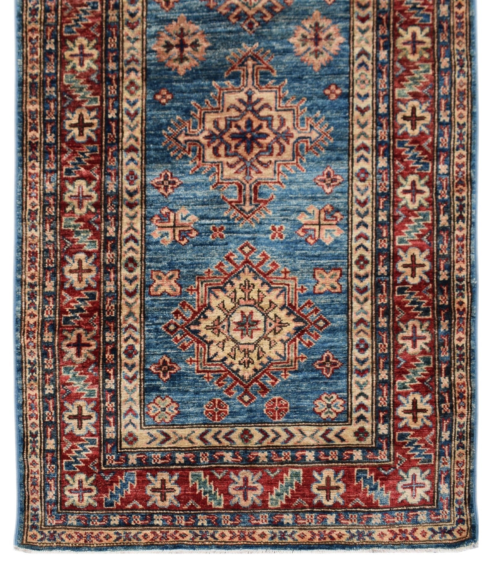 Handmade Afghan Super Kazakh runner rug featuring traditional geometric motifs in blue and red.