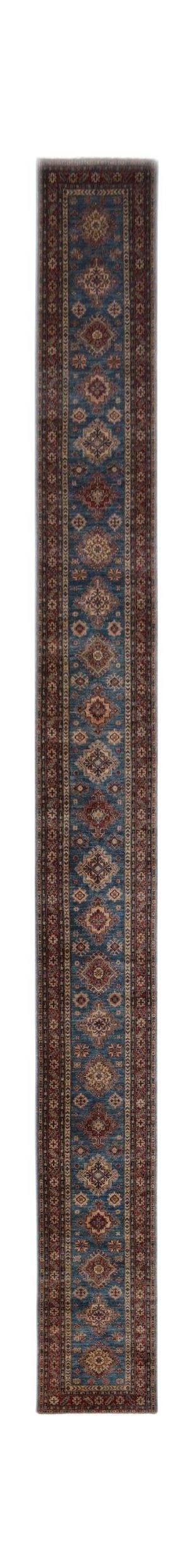 A long, handmade Afghan Super Kazakh runner rug featuring traditional geometric motifs in blue.