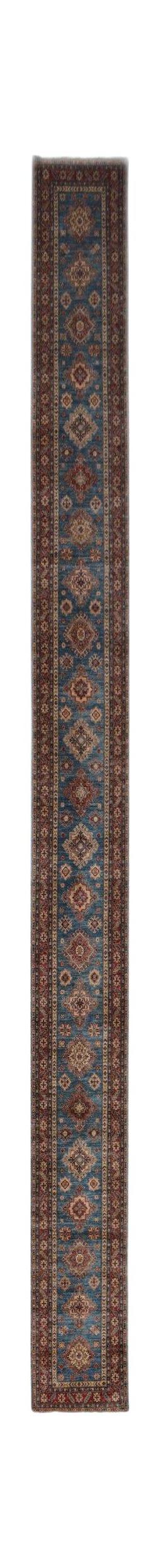 A long, handmade Afghan Super Kazakh runner rug featuring traditional geometric motifs in blue.