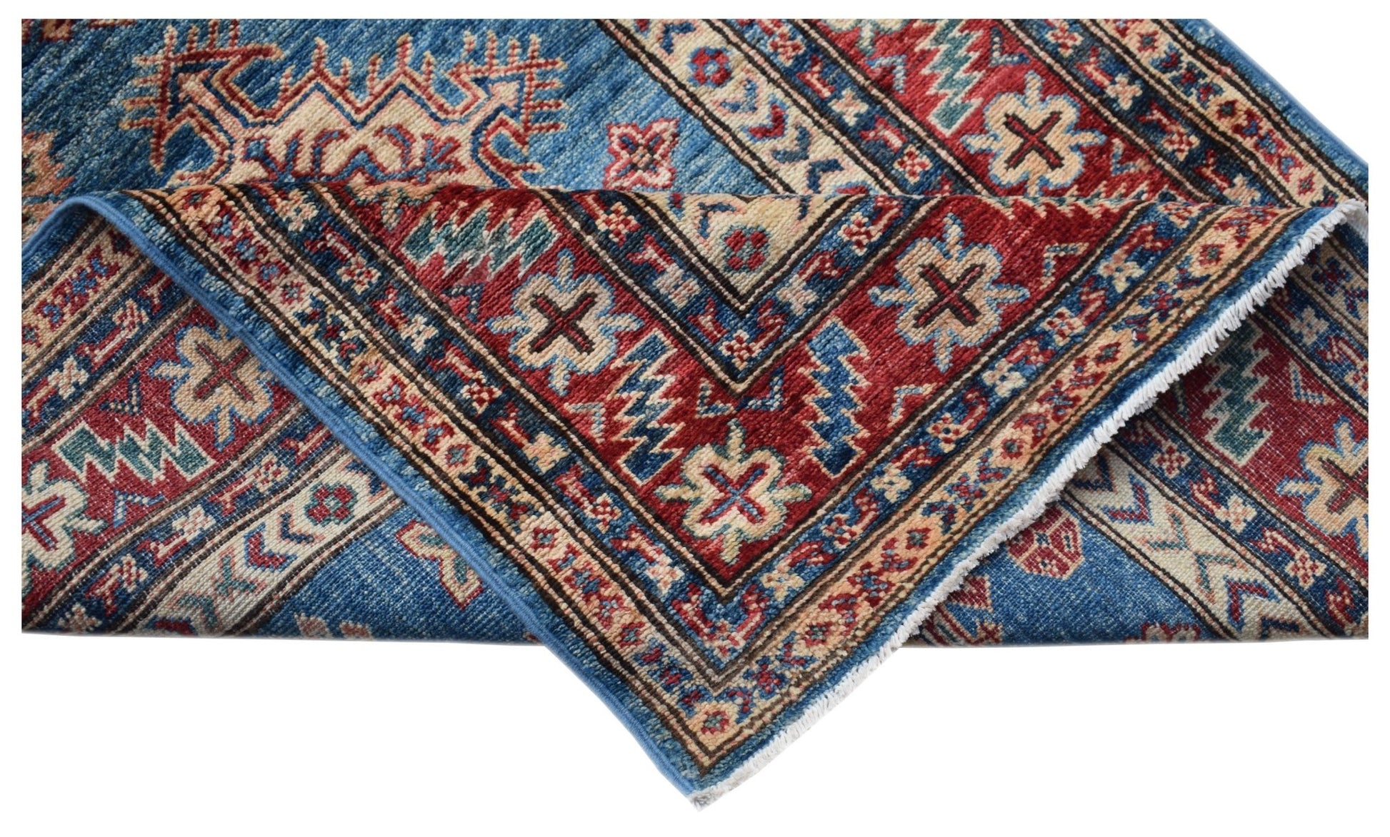 An Afghan Super Kazakh runner featuring traditional geometric motifs in red, blue, and cream.