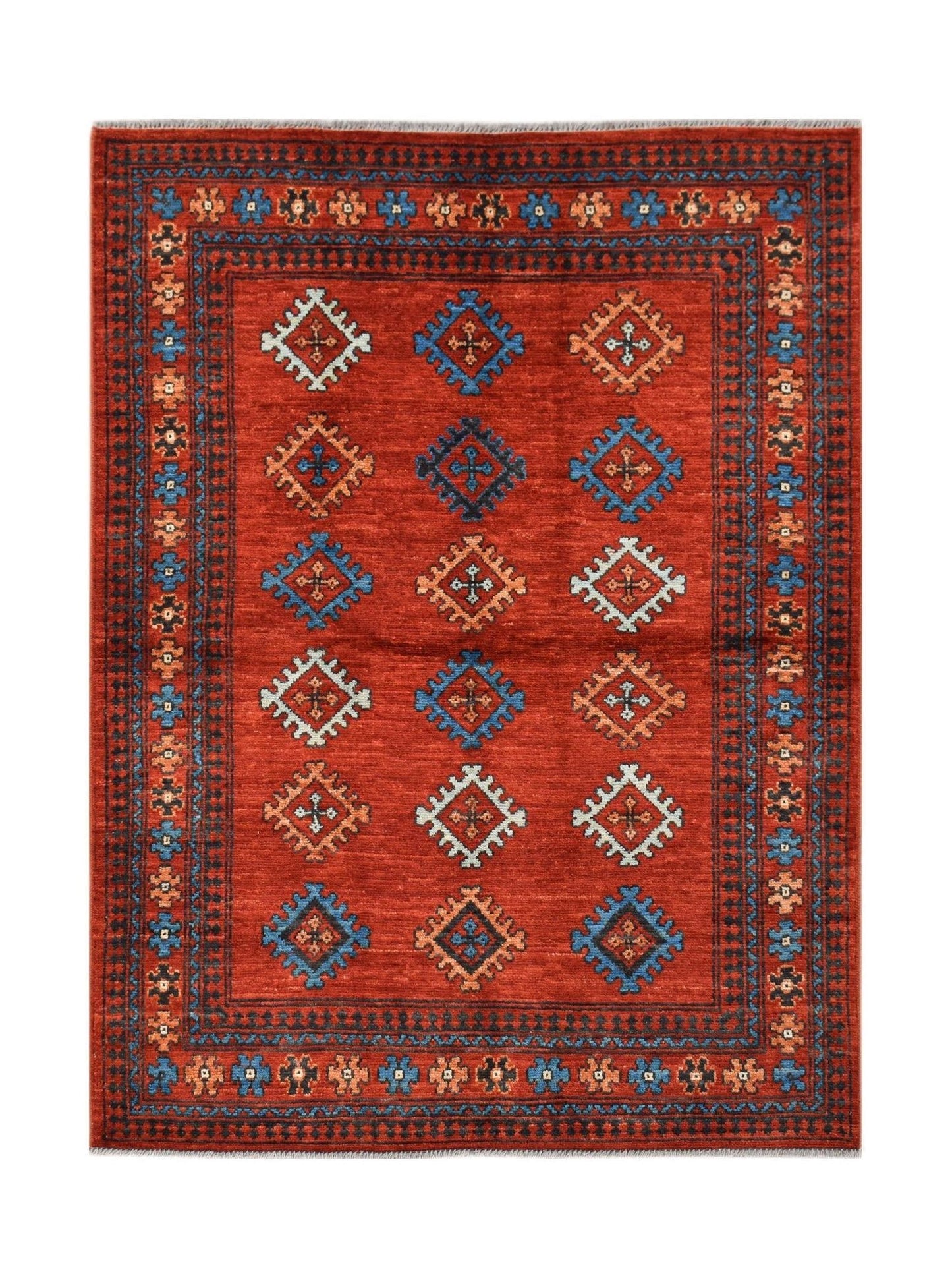 Handwoven Afghan Pashm rug featuring a red field with repeating geometric motifs and borders.