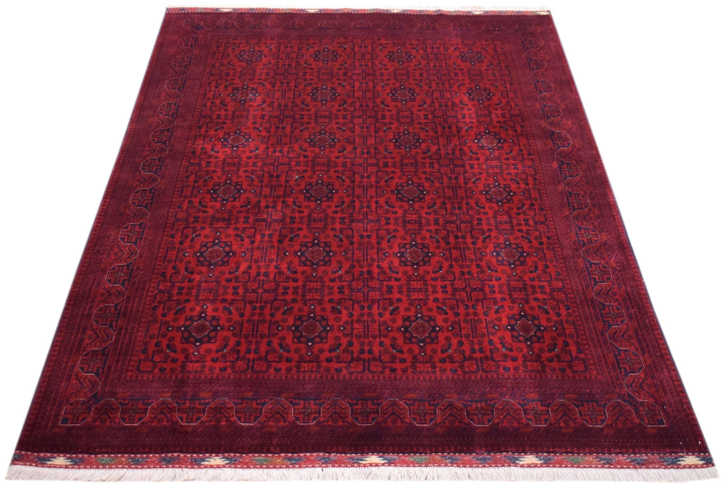 A handmade Afghan Biljik rug featuring a deep red field with intricate blue geometric patterns.