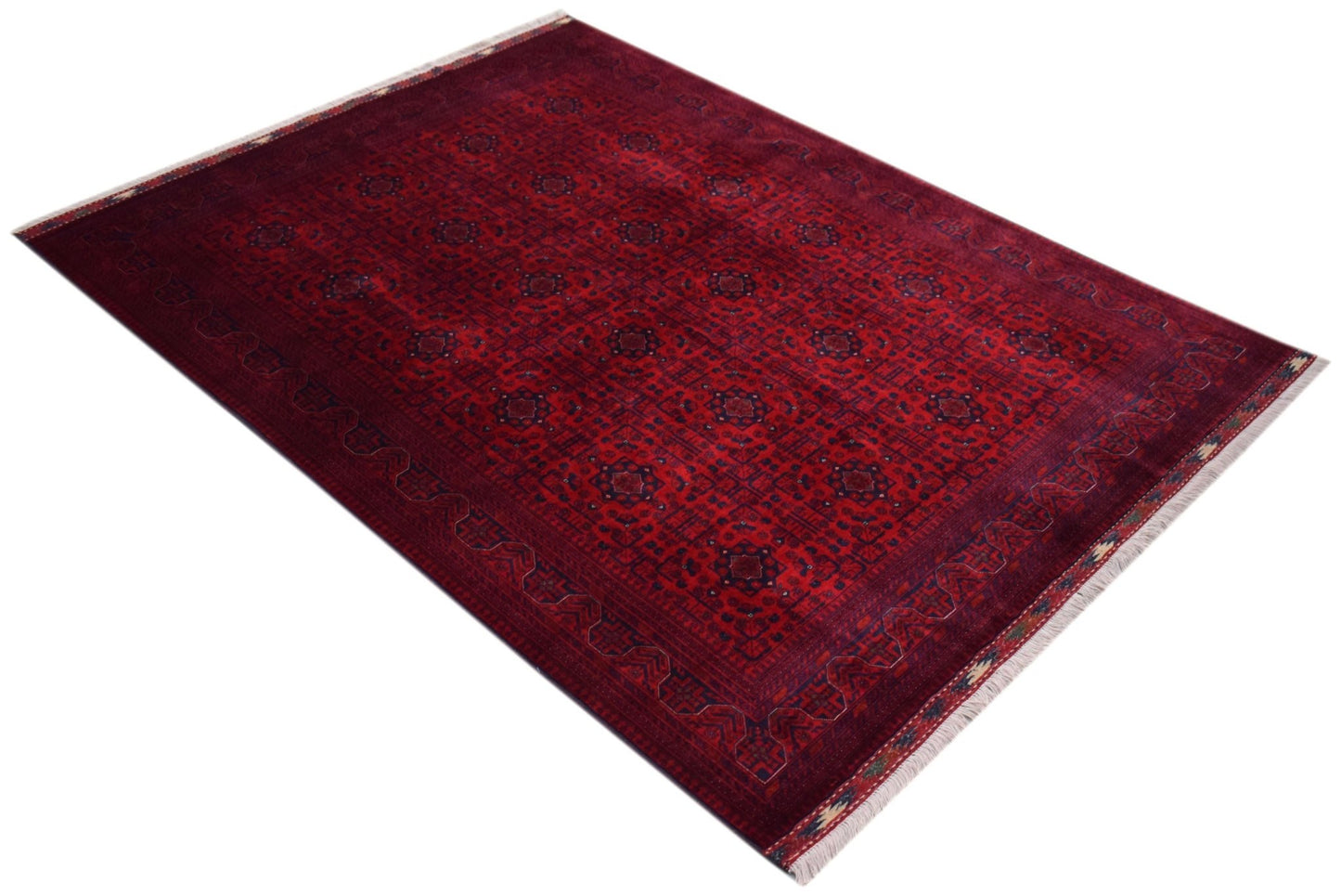 A handmade Afghan Biljik rug featuring a deep red field with intricate blue geometric patterns.