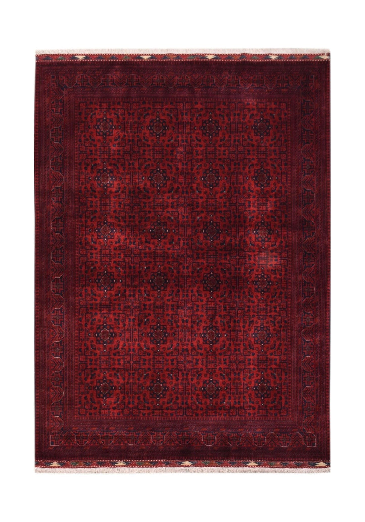 A handmade Afghan Biljik rug featuring a deep red field with intricate blue geometric patterns.