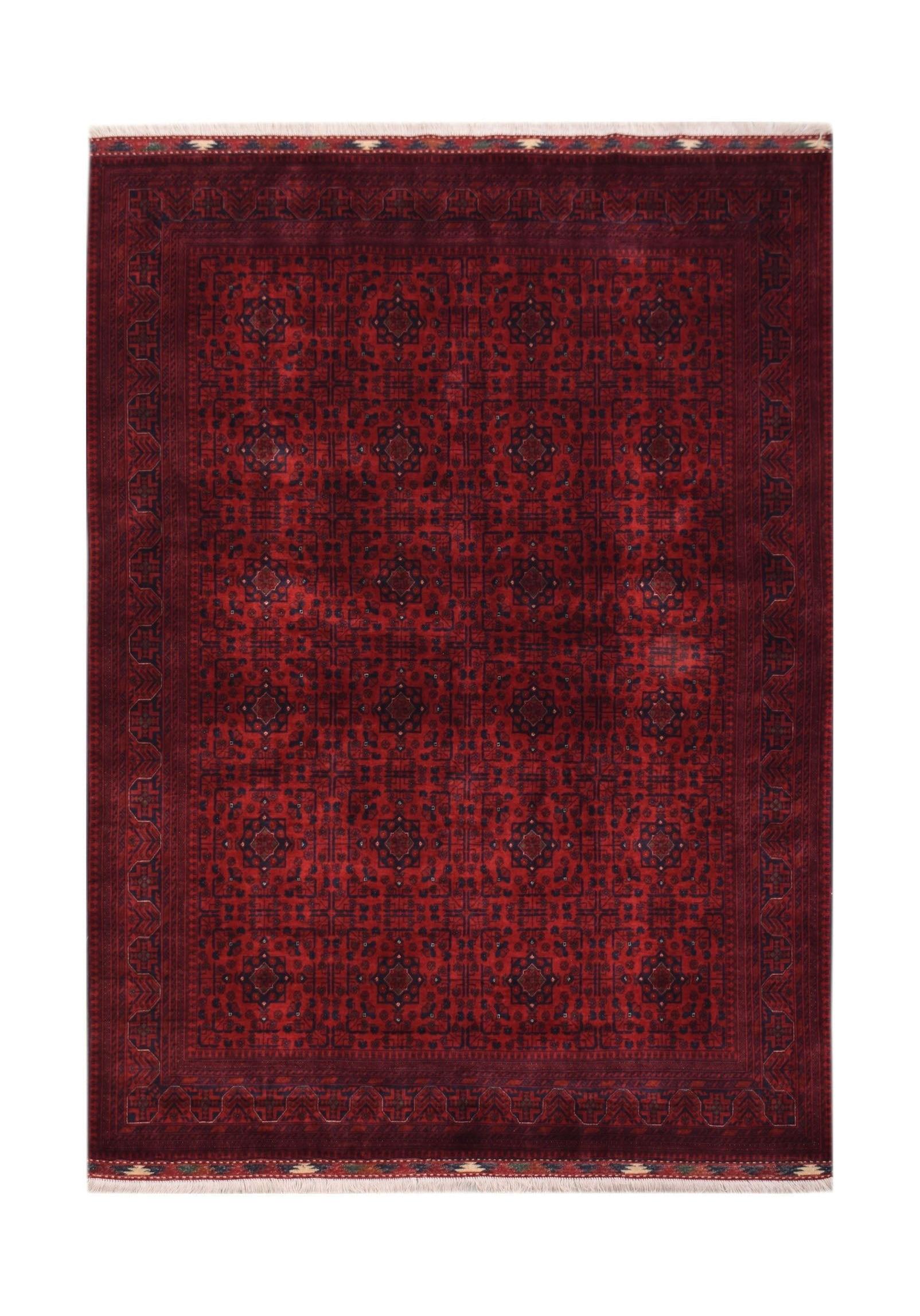 A handmade Afghan Biljik rug featuring a deep red field with intricate blue geometric patterns.