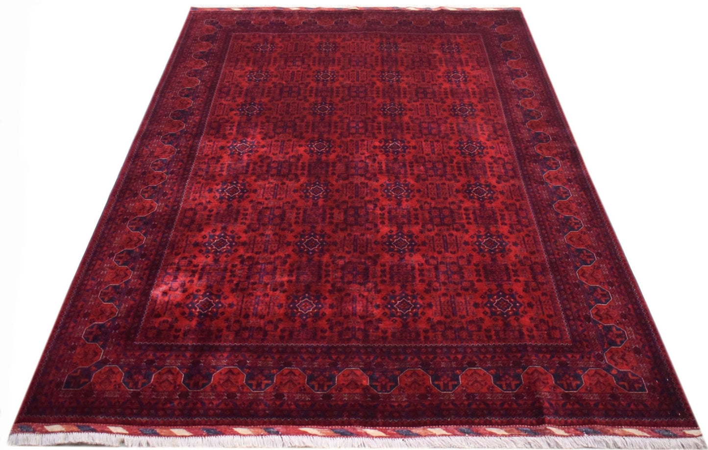 A handmade Afghan Biljik rug featuring a deep red field with intricate blue geometric patterns.