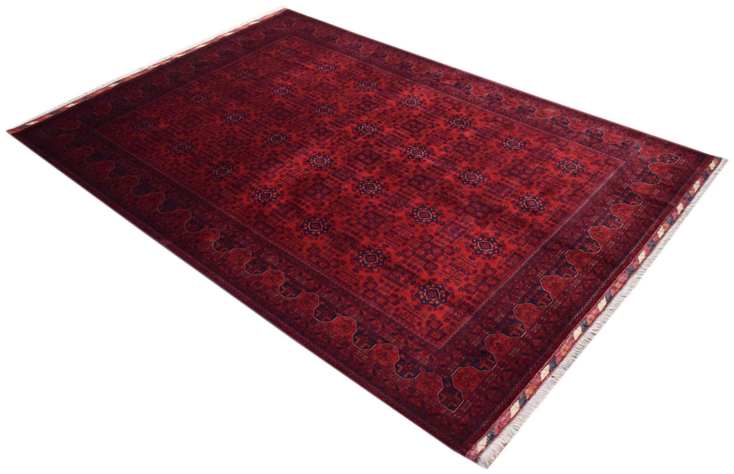 A rectangular Afghan Biljik rug featuring a deep red field with intricate blue geometric patterns.
