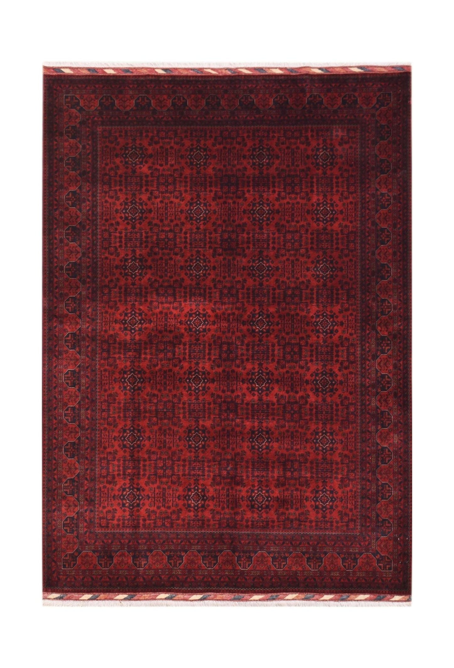 Handmade Afghan Biljik rug featuring a deep red field with intricate dark blue geometric patterns.