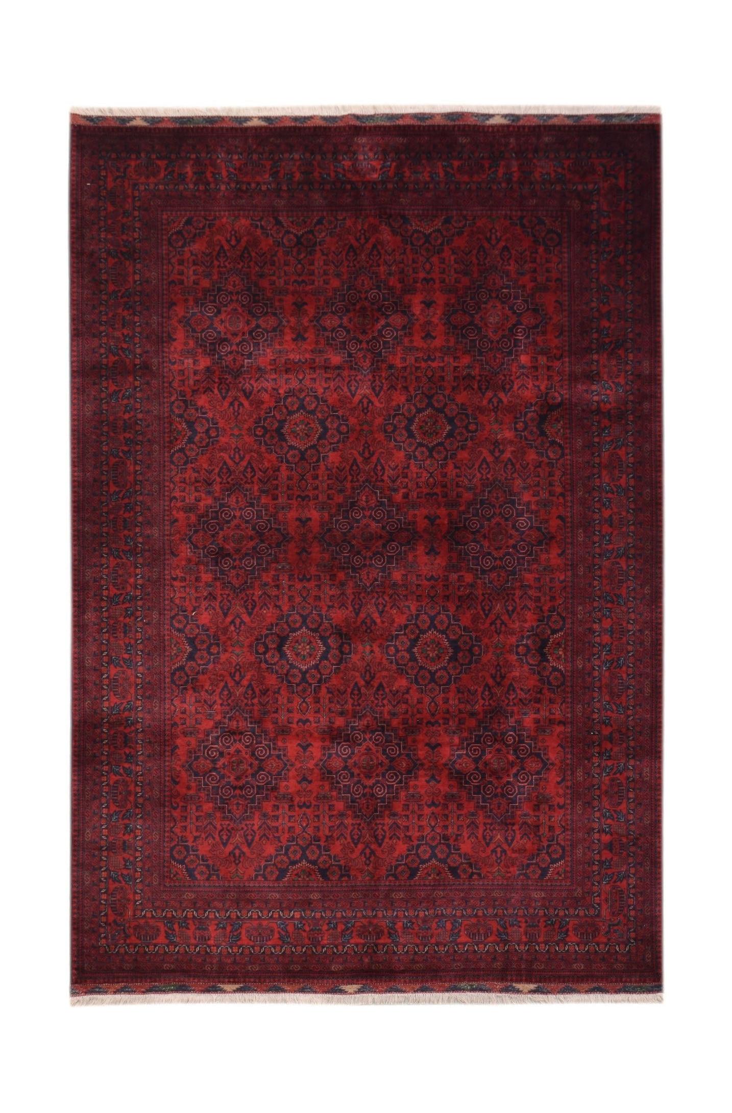 A handmade Afghan Biljik rug featuring a deep red field with intricate blue geometric patterns.