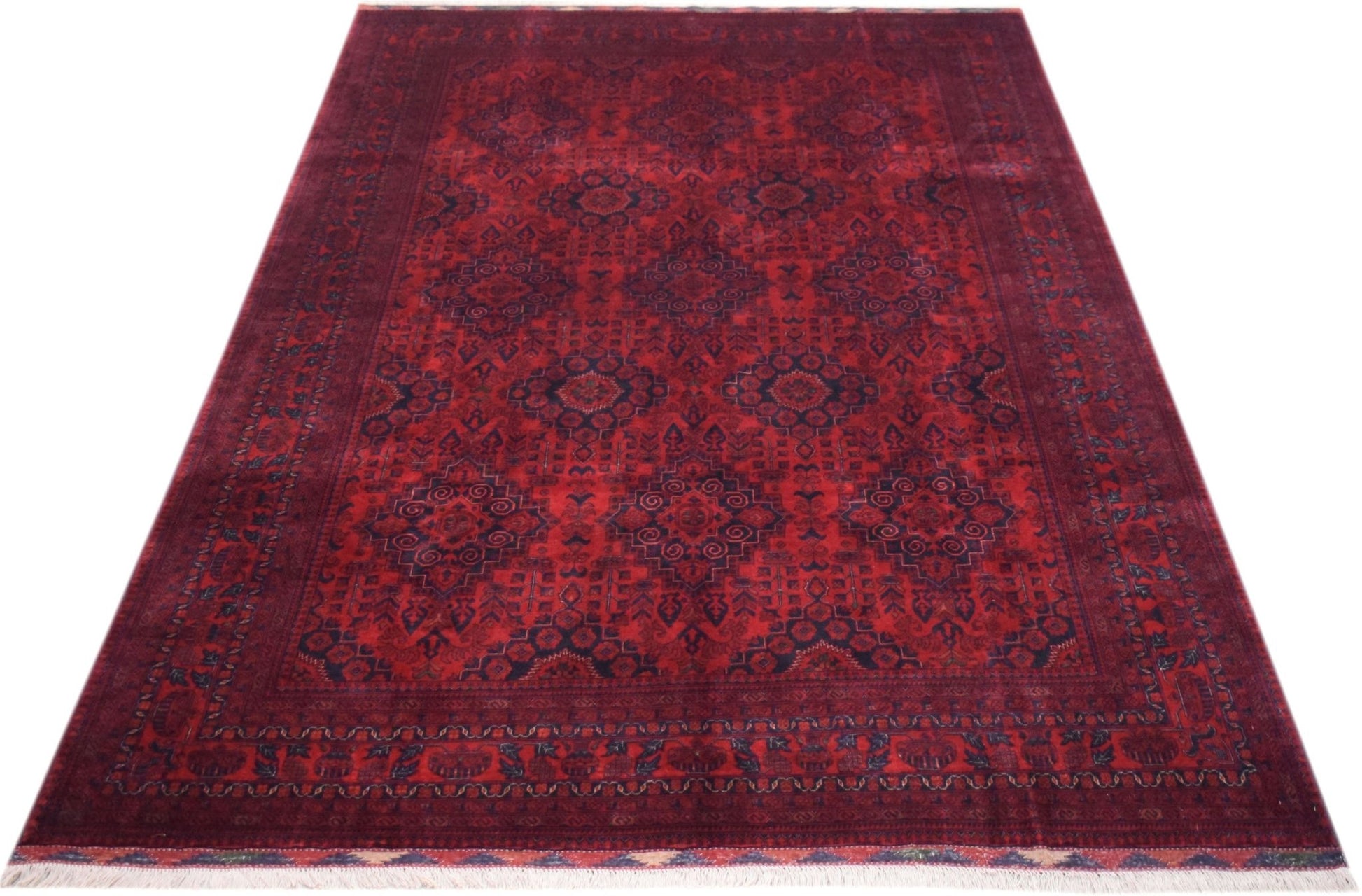 A handmade Afghan Biljik rug featuring a deep red field with intricate blue geometric patterns.
