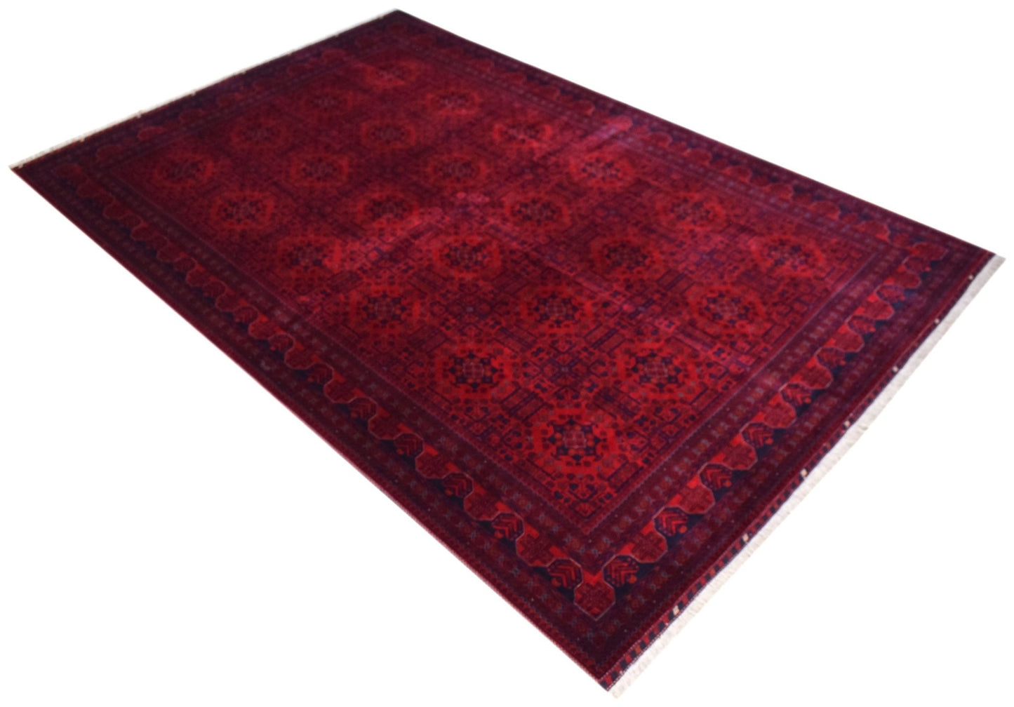 A handmade Afghan Biljik rug featuring a deep red field with intricate blue geometric patterns.