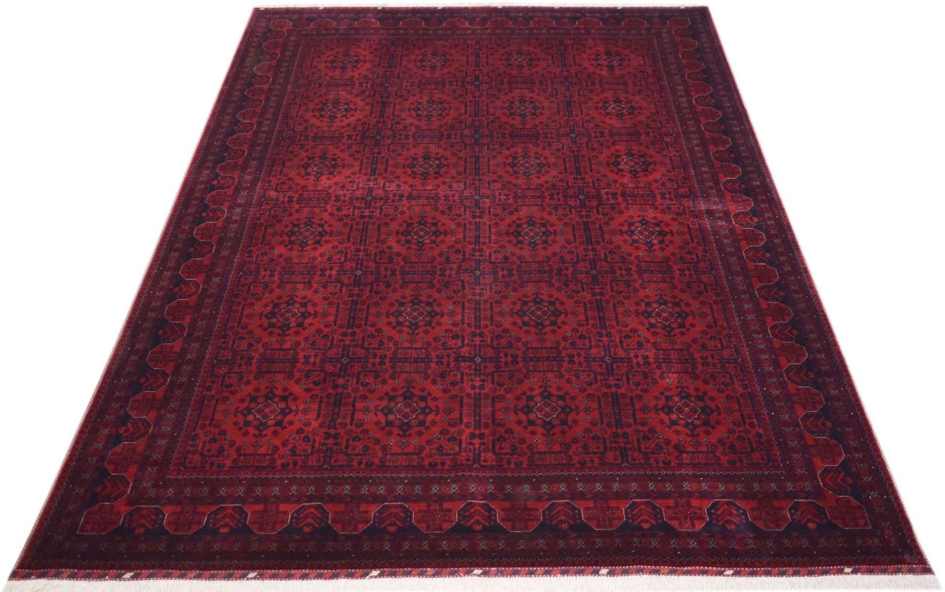 Handmade Afghan Biljik rug featuring a deep red field with intricate geometric patterns in blue.