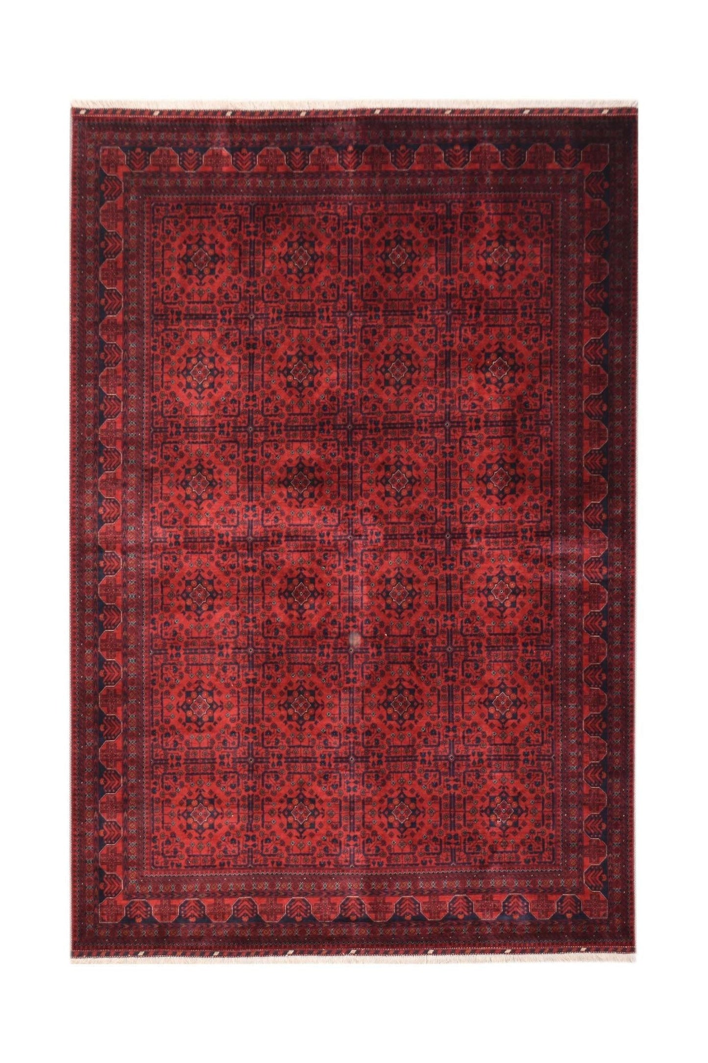 Handmade Afghan Biljik rug featuring a deep red field with intricate blue geometric patterns.