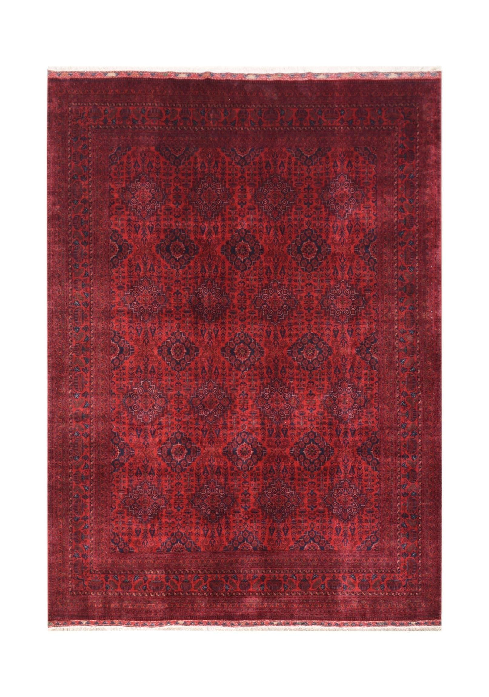 Handmade Afghan Biljik rug featuring a deep red field with intricate blue geometric patterns.