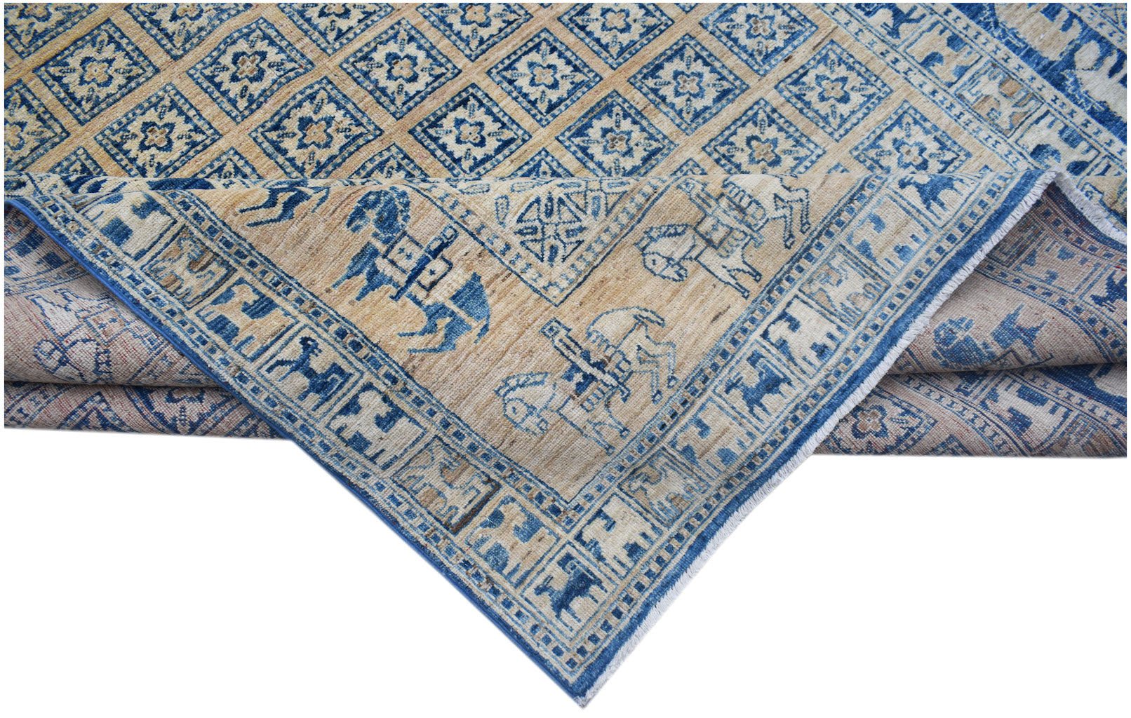 A handmade Afghan Chobi rug featuring a blue and beige geometric pattern with equestrian motifs.