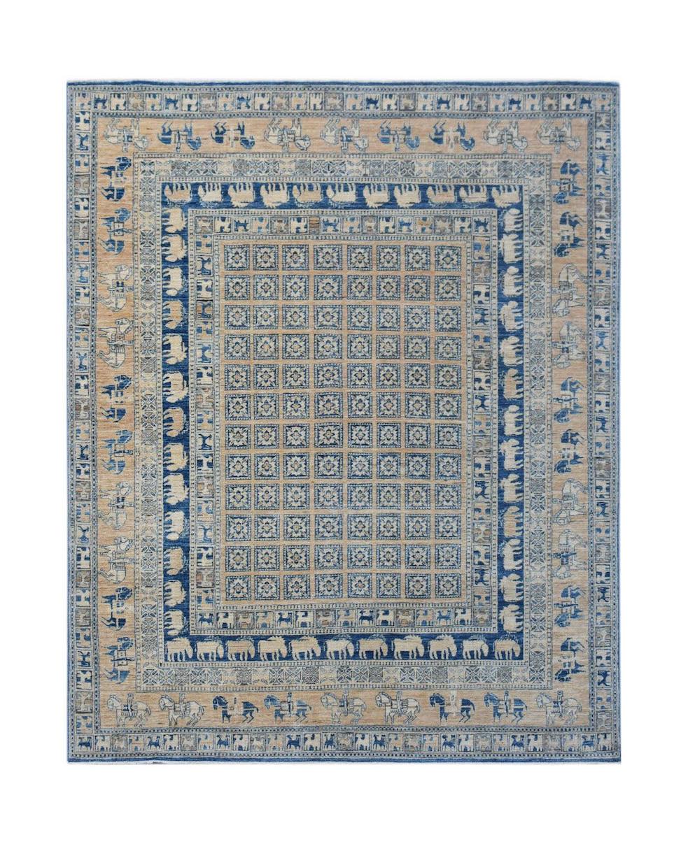A handmade Afghan Chobi rug featuring a grid pattern and traditional animal motifs in blue and tan.