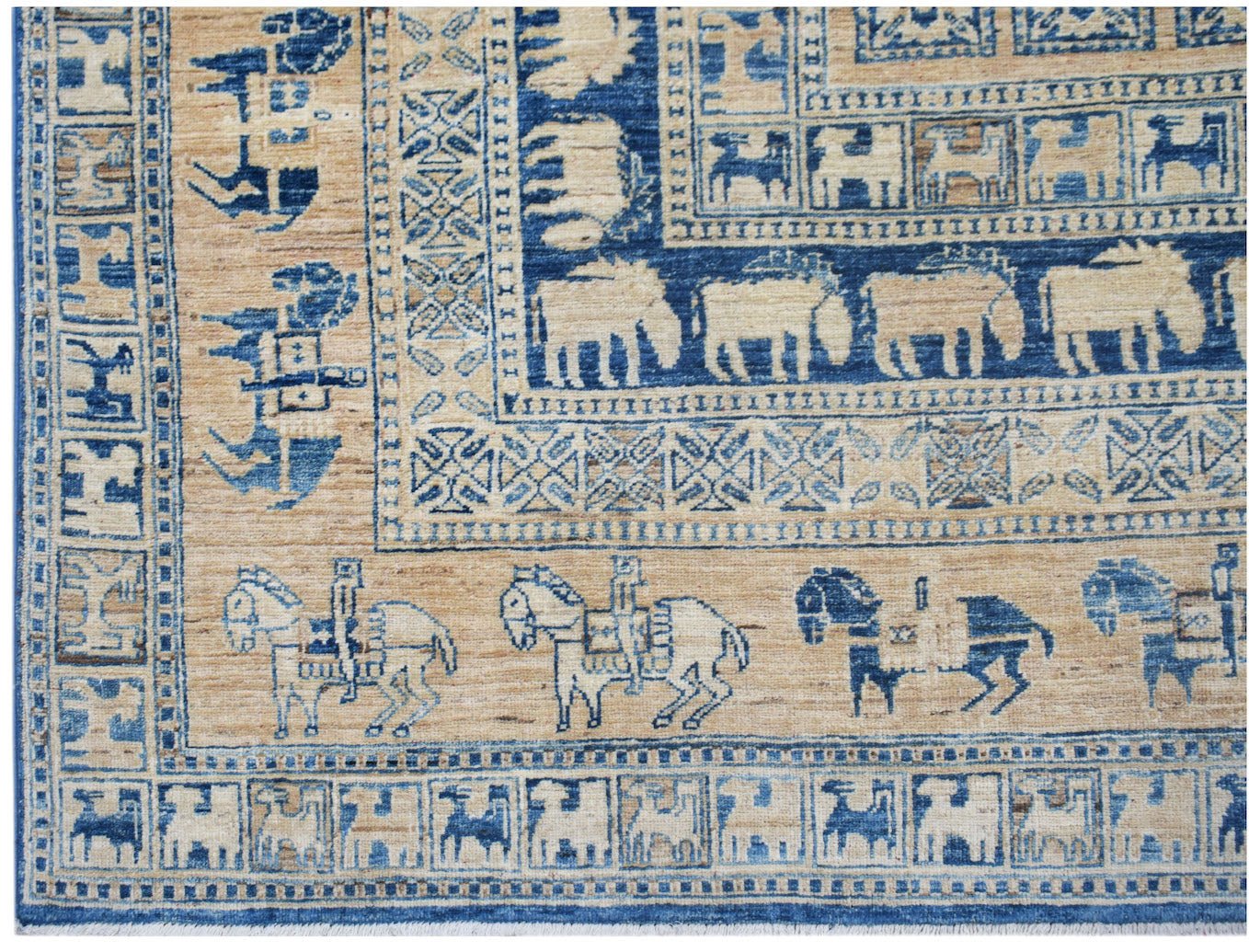Handmade Afghan Chobi rug featuring a Pazyryk-inspired pattern of horses and riders in blue and tan.