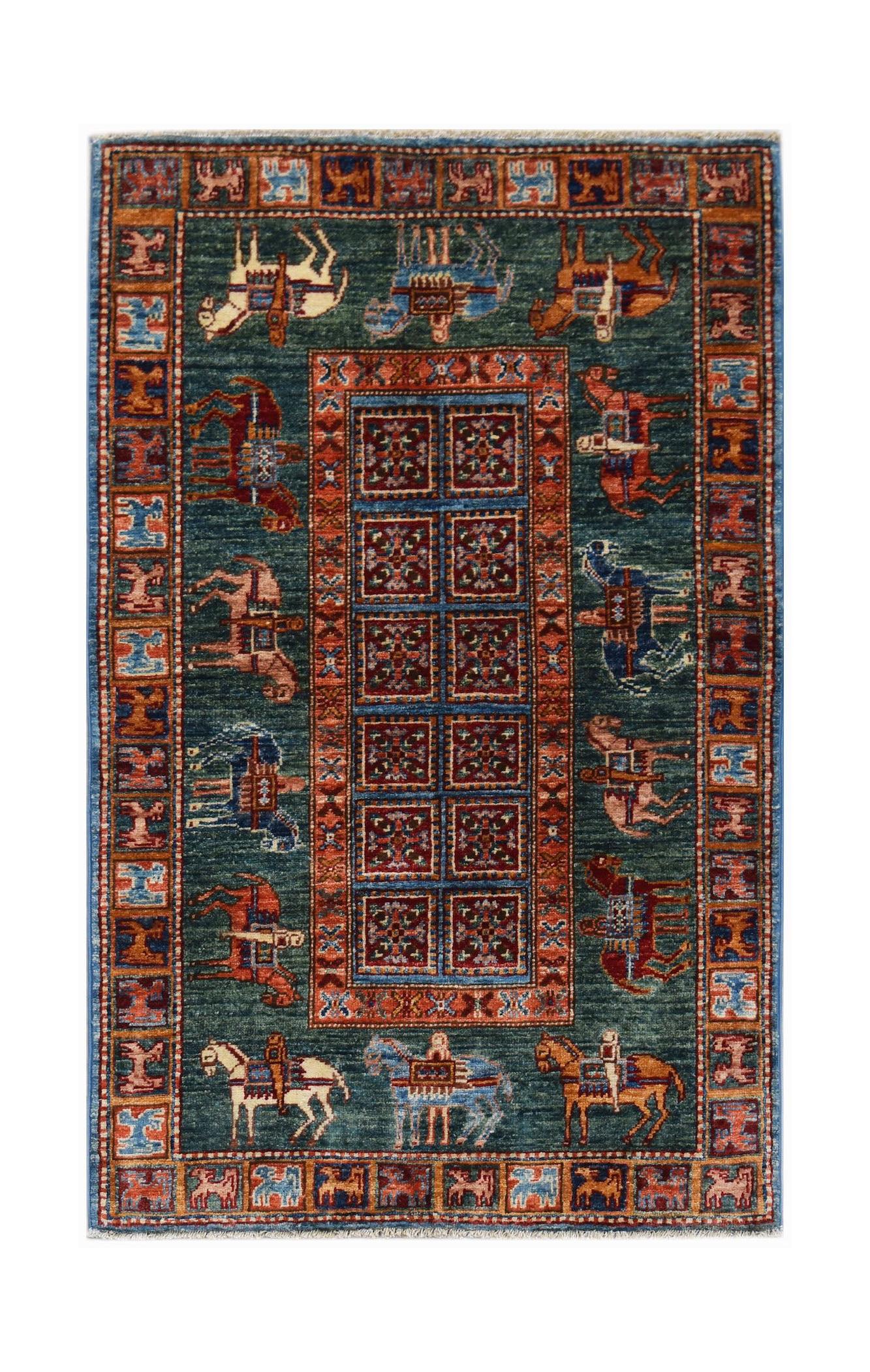 A rectangular Afghan Chobi rug featuring a dark green field with horse motifs and geometric borders.