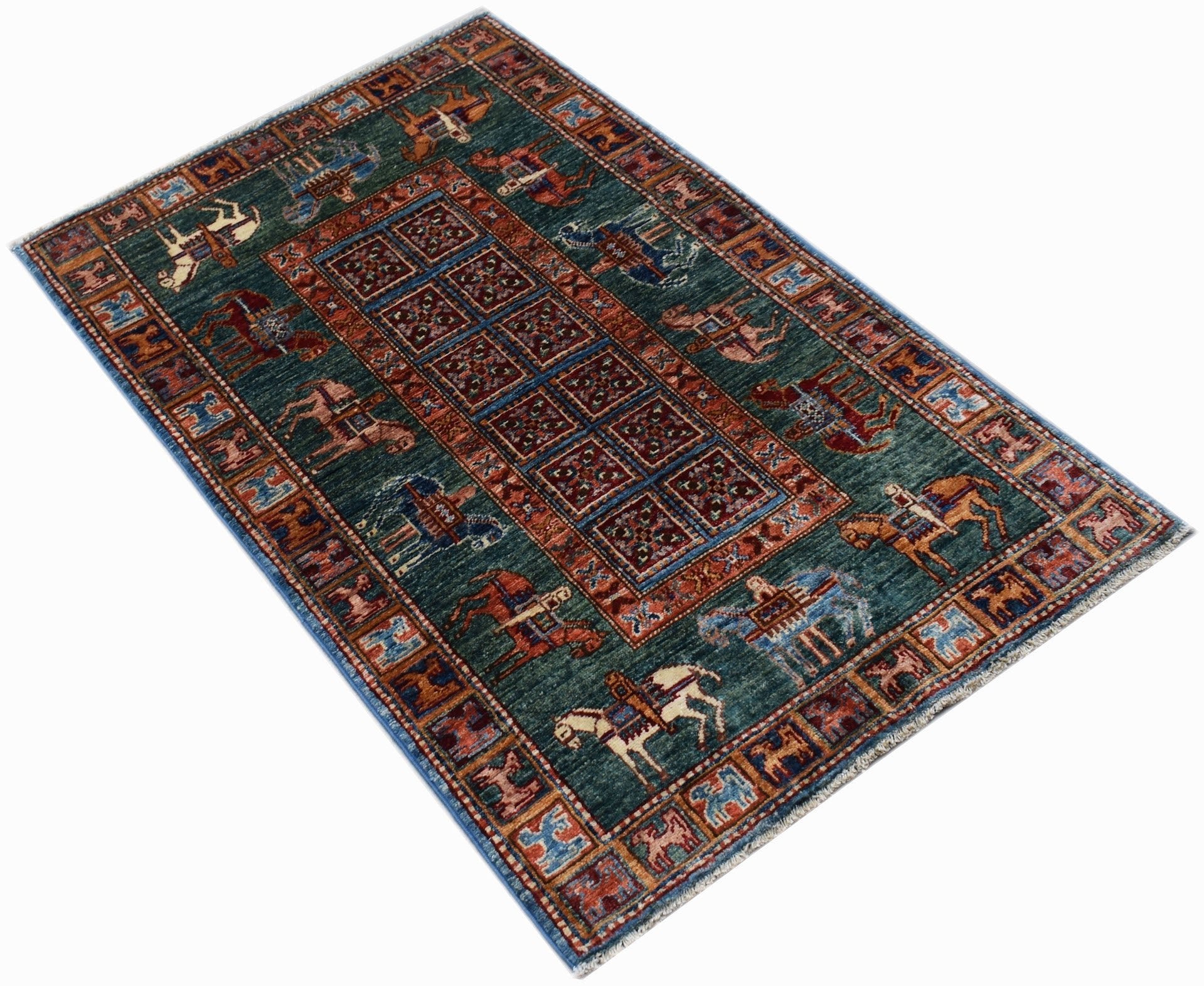 A rectangular Afghan Chobi rug featuring a dark green field with horse and rider motifs.