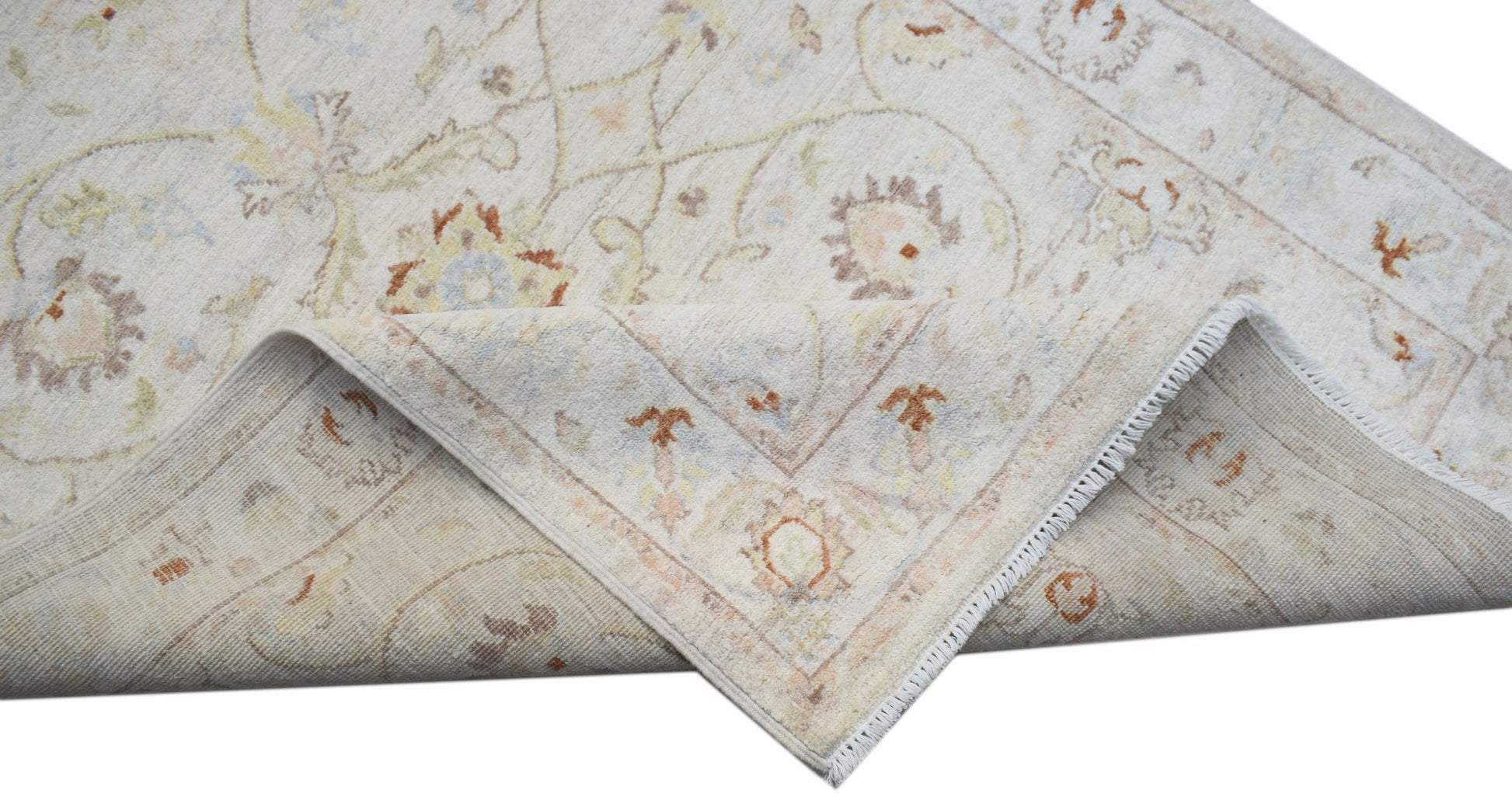 A handwoven Afghan Chobi rug with a cream background and traditional floral patterns.