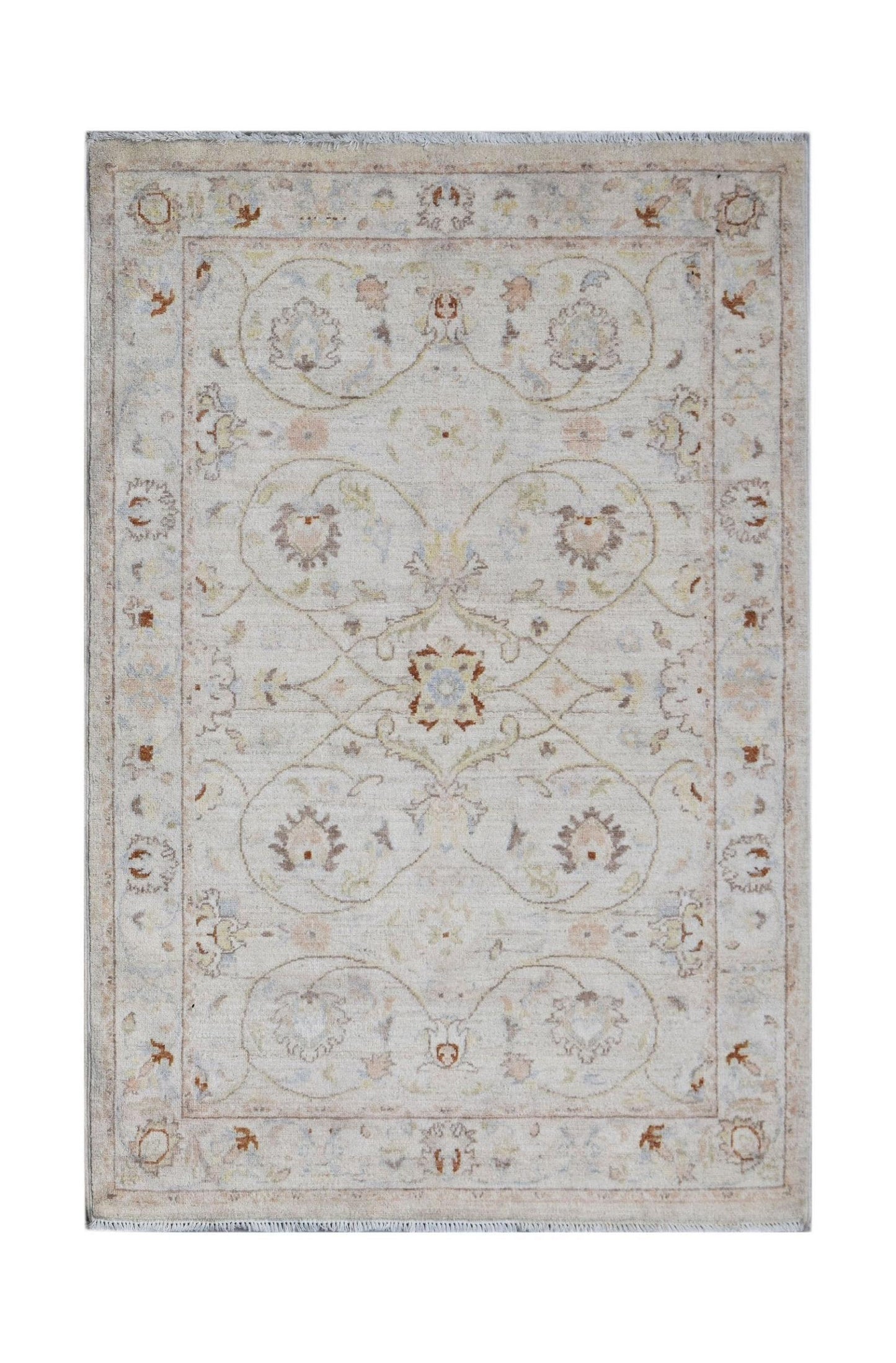 A rectangular Afghan Chobi rug featuring a traditional floral pattern in soft, neutral tones.