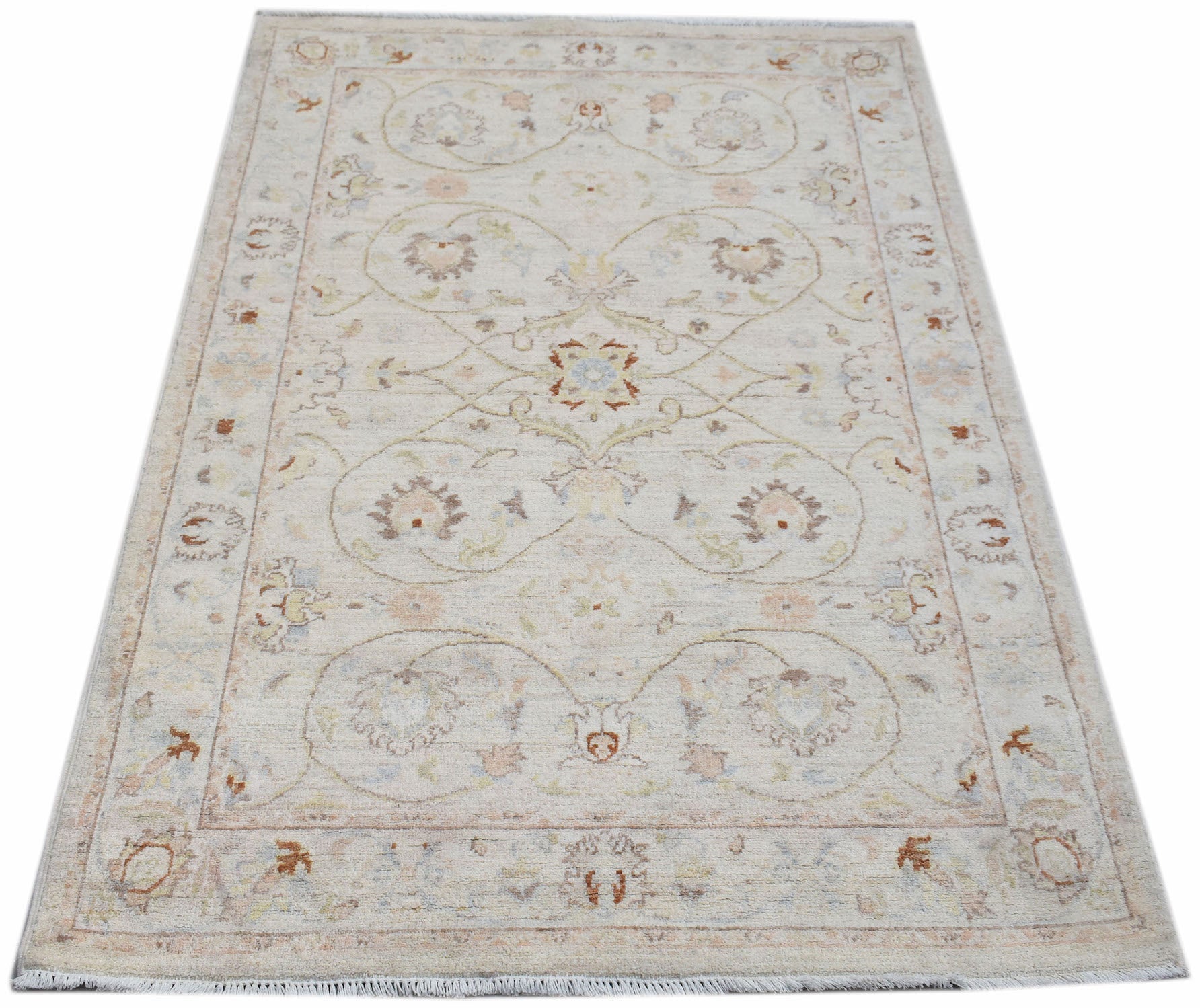 A rectangular Afghan Chobi rug featuring a traditional floral pattern in soft, earthy tones.
