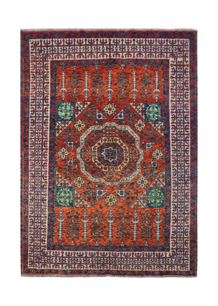 Handmade Afghan Chobi rug featuring a central medallion and geometric patterns in red and blue.