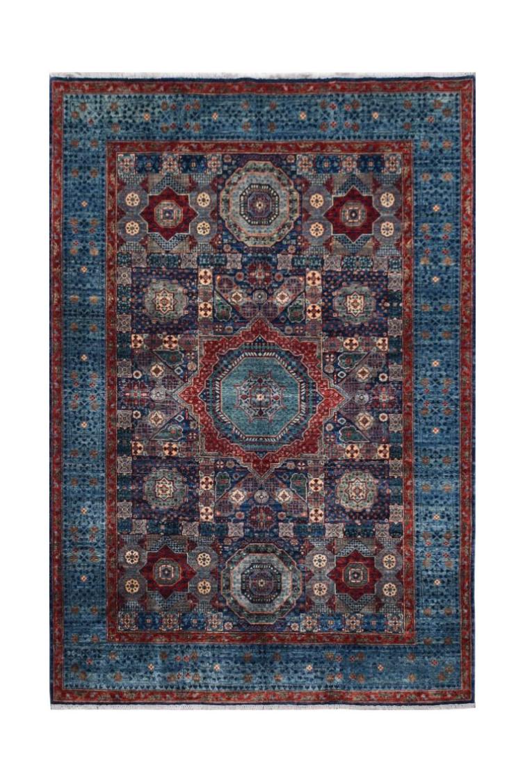 Handmade Afghan Chobi rug featuring a traditional Mamluk medallion design in blue and red tones.