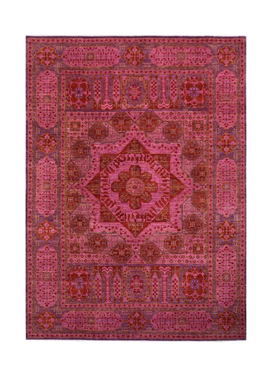 A handmade Afghan Chobi rug featuring a complex geometric medallion design in shades of pink.