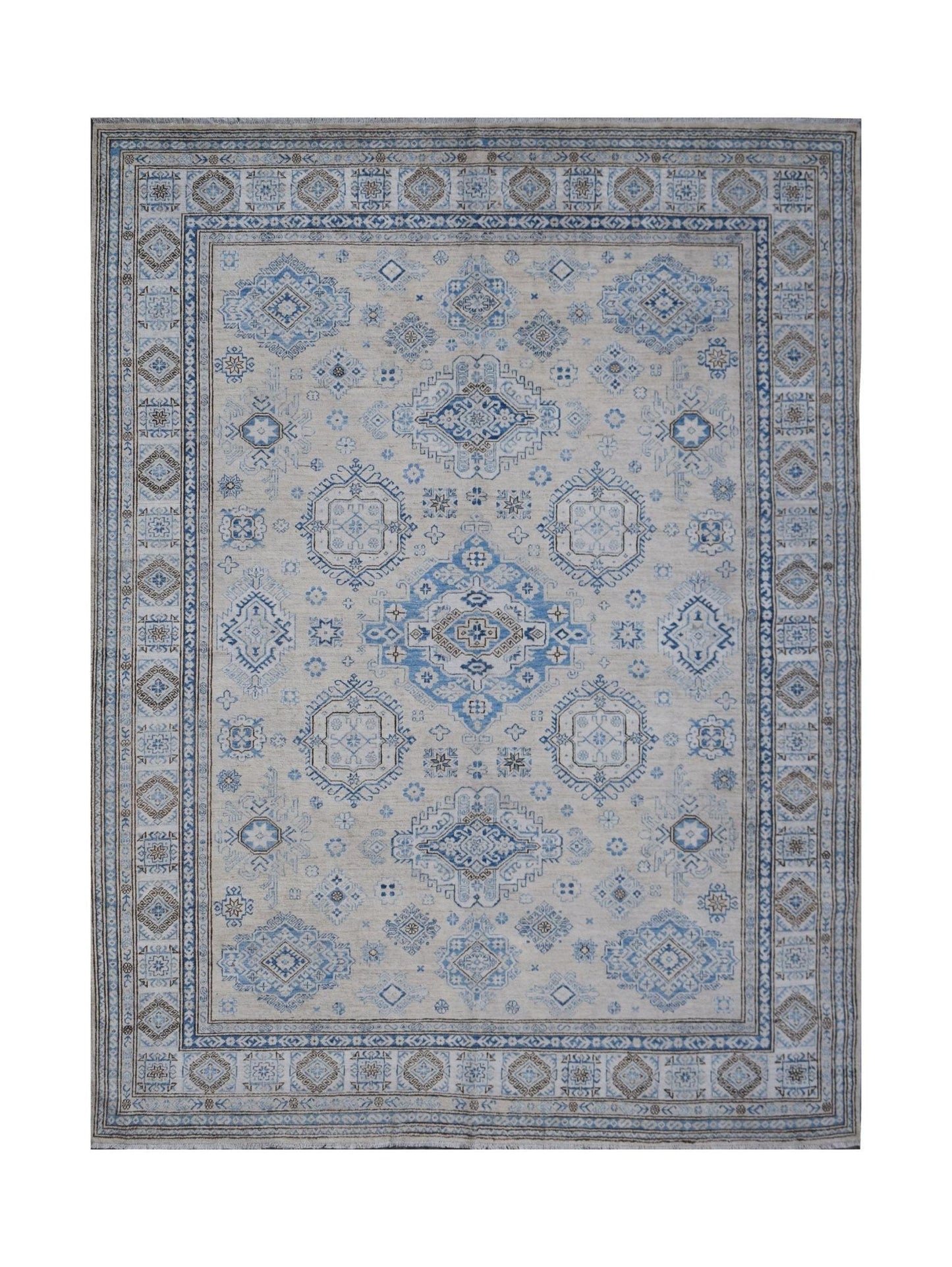 A handmade Afghan Super Kazakh rug featuring traditional blue and beige geometric patterns.