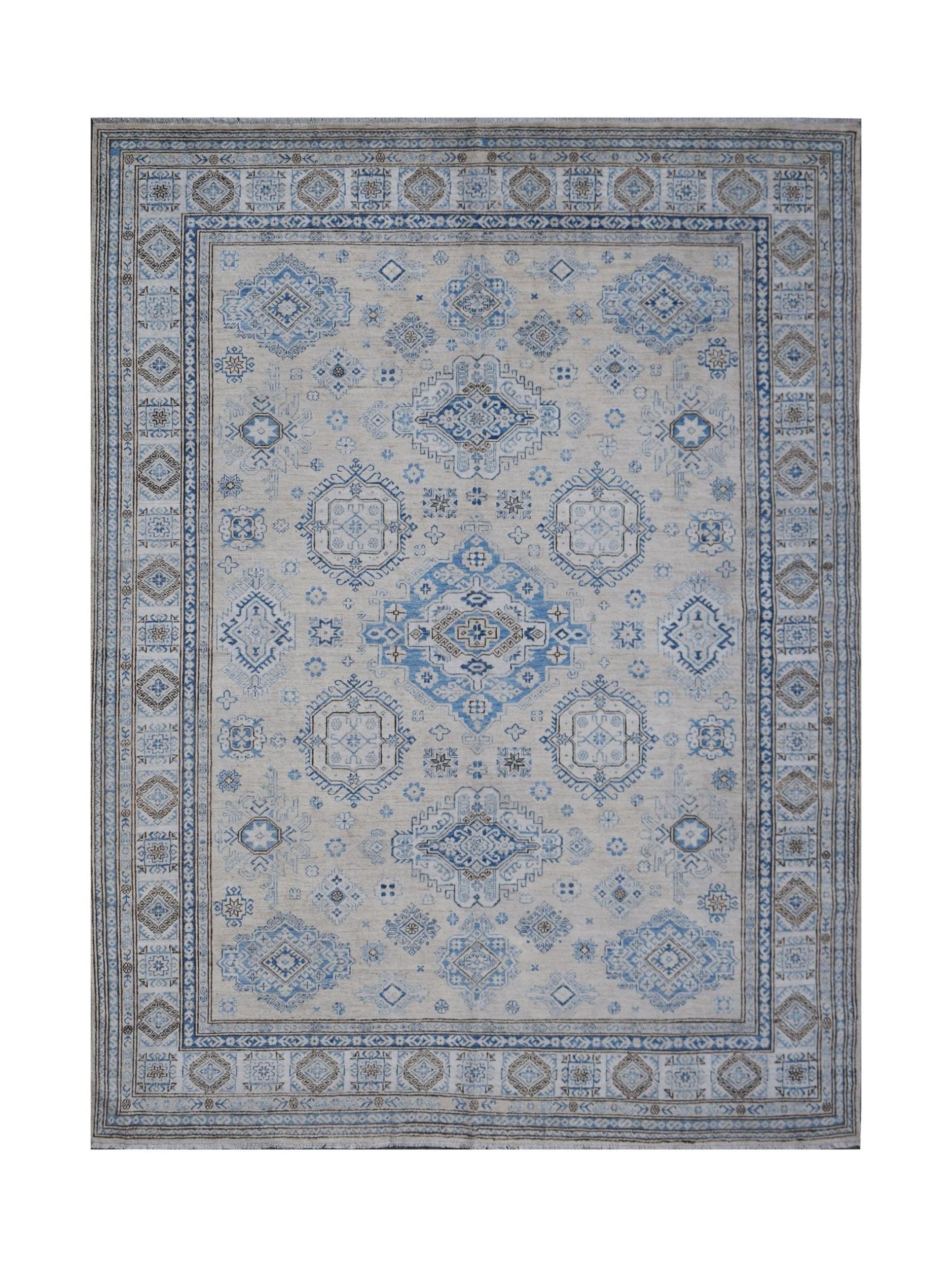 A handmade Afghan Super Kazakh rug featuring traditional blue and beige geometric patterns.