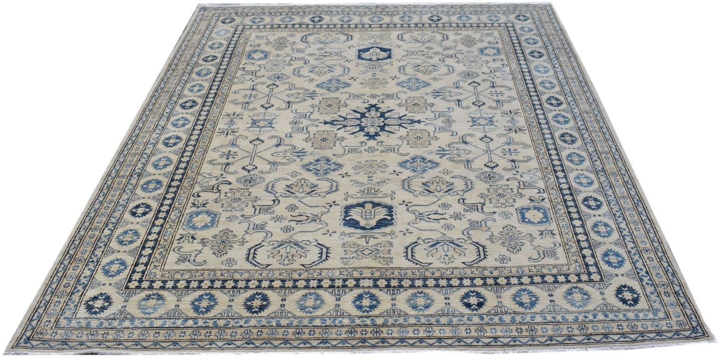 Handmade Afghan Super Kazakh rug featuring traditional blue and beige geometric patterns.