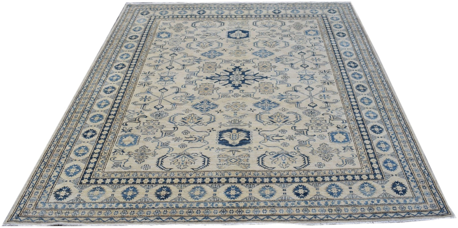 Handmade Afghan Super Kazakh rug featuring traditional blue and beige geometric patterns.