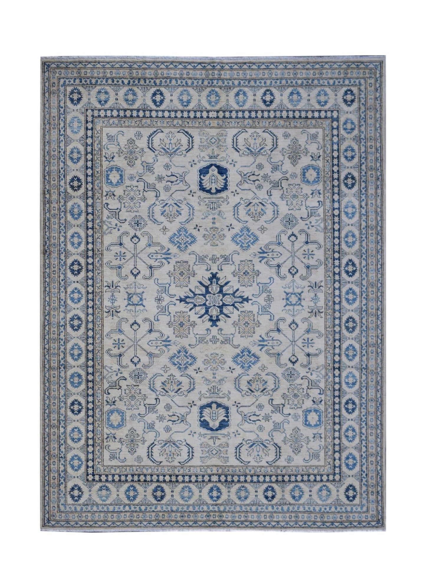 Handmade Afghan Super Kazakh rug featuring traditional blue and beige geometric patterns.