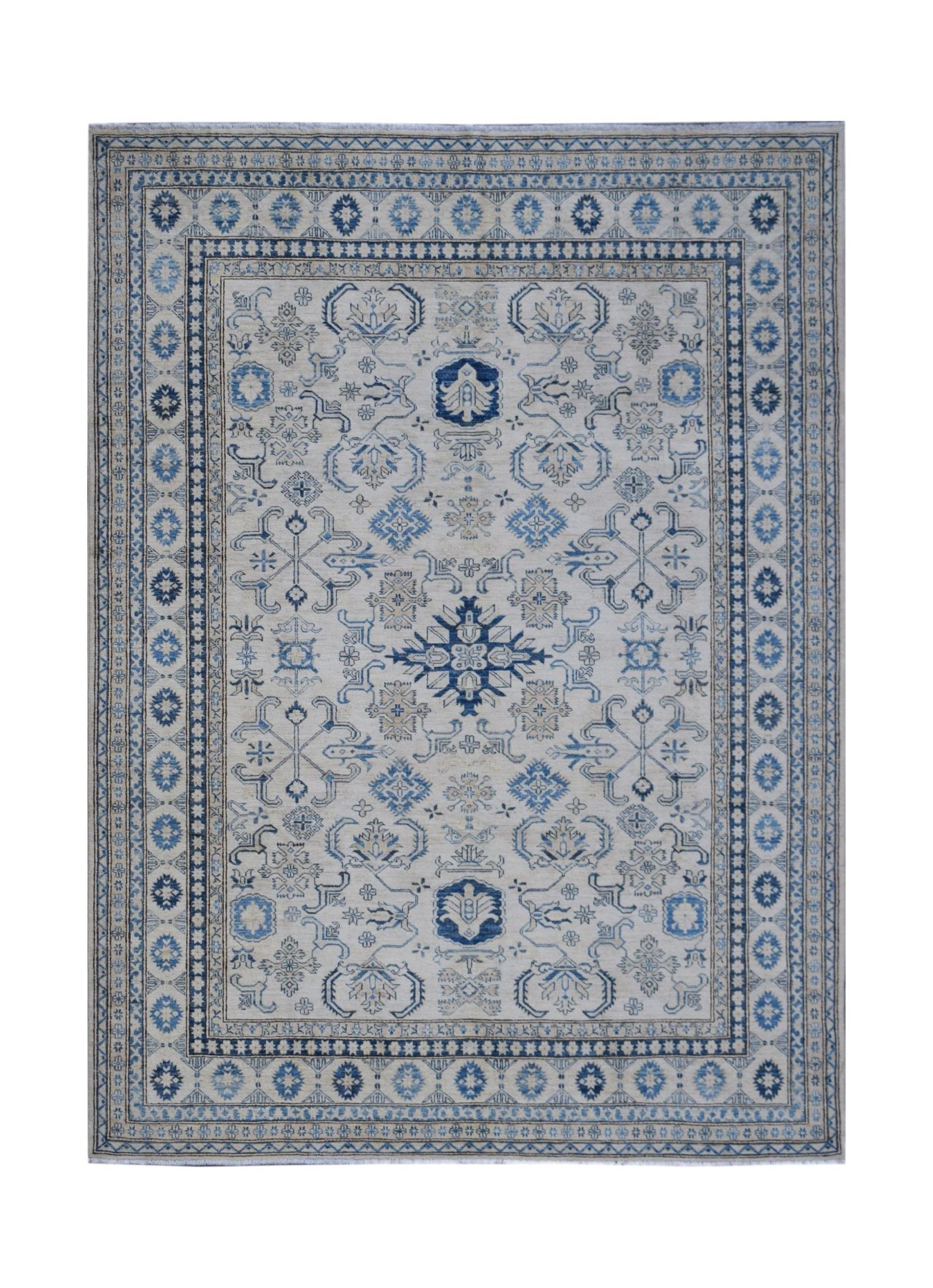 Handmade Afghan Super Kazakh rug featuring traditional blue and beige geometric patterns.