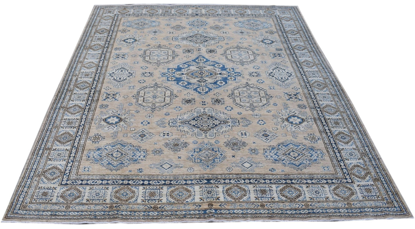 A handmade Afghan Super Kazakh rug featuring traditional blue and beige geometric patterns.