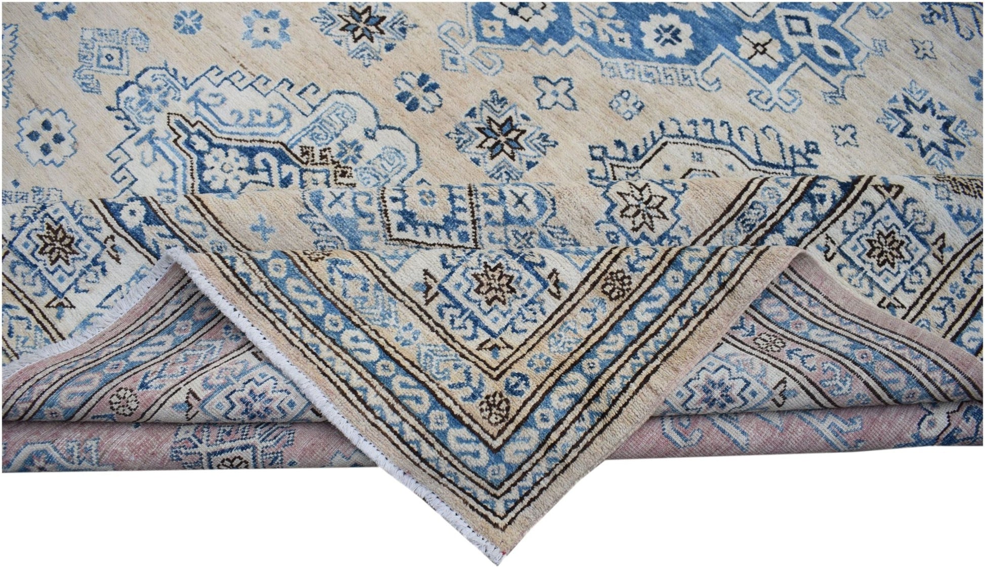 Handmade Afghan Super Kazakh rug featuring traditional blue and cream geometric patterns.