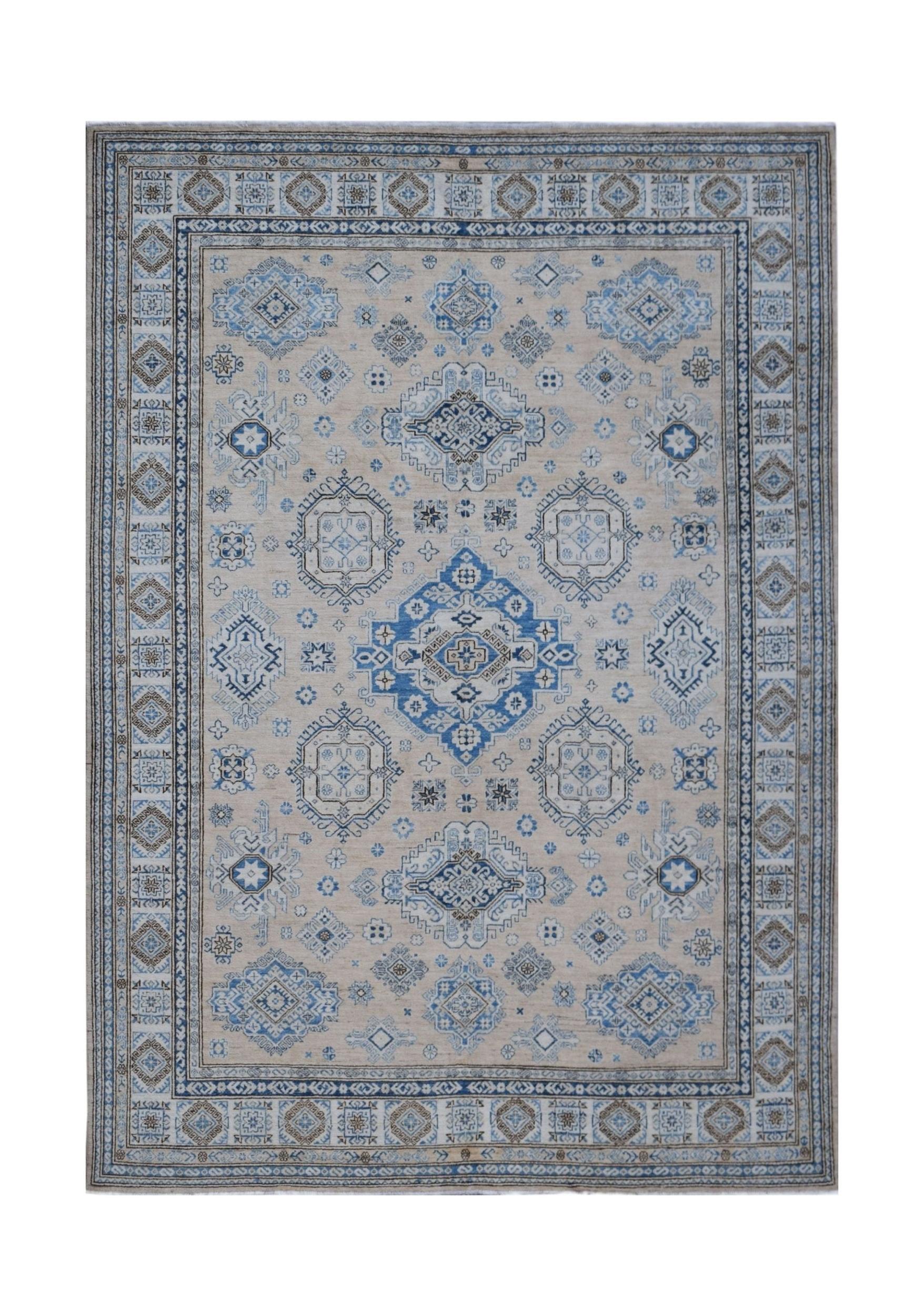 Handmade Afghan Super Kazakh rug featuring traditional blue and beige geometric motifs.
