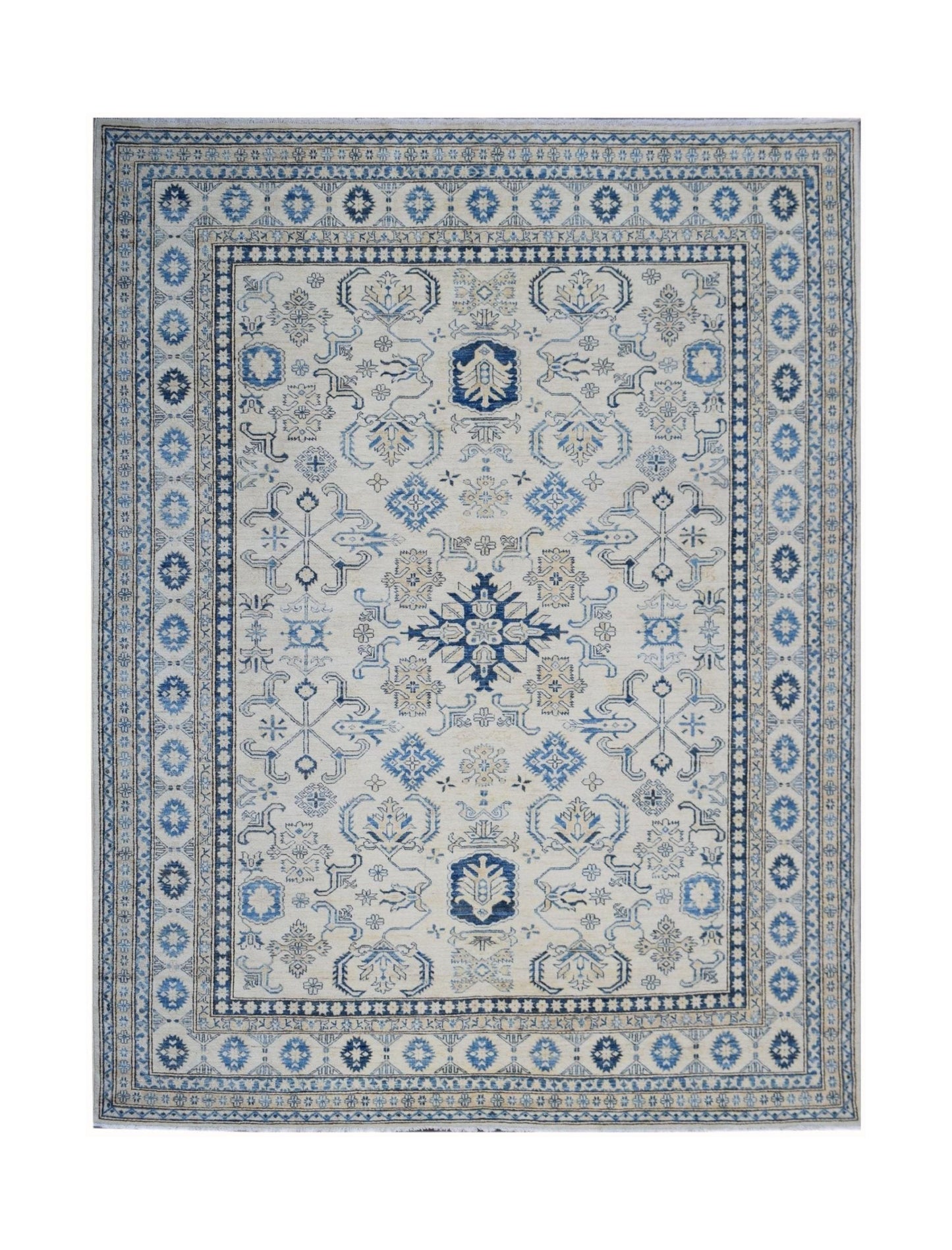 Handmade Afghan Super Kazakh rug featuring traditional blue geometric motifs on a cream background.