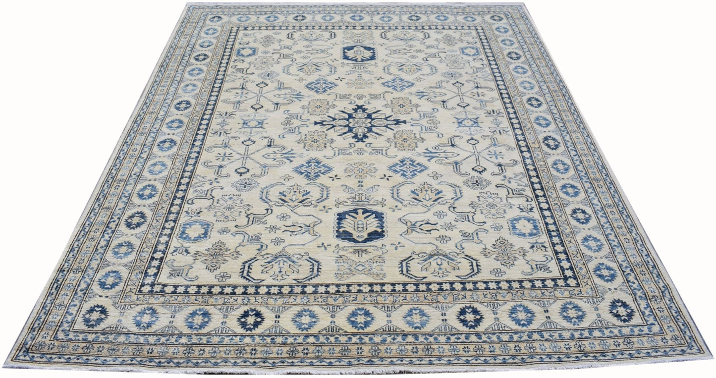 Handmade Afghan Super Kazakh rug featuring traditional blue and beige geometric patterns.