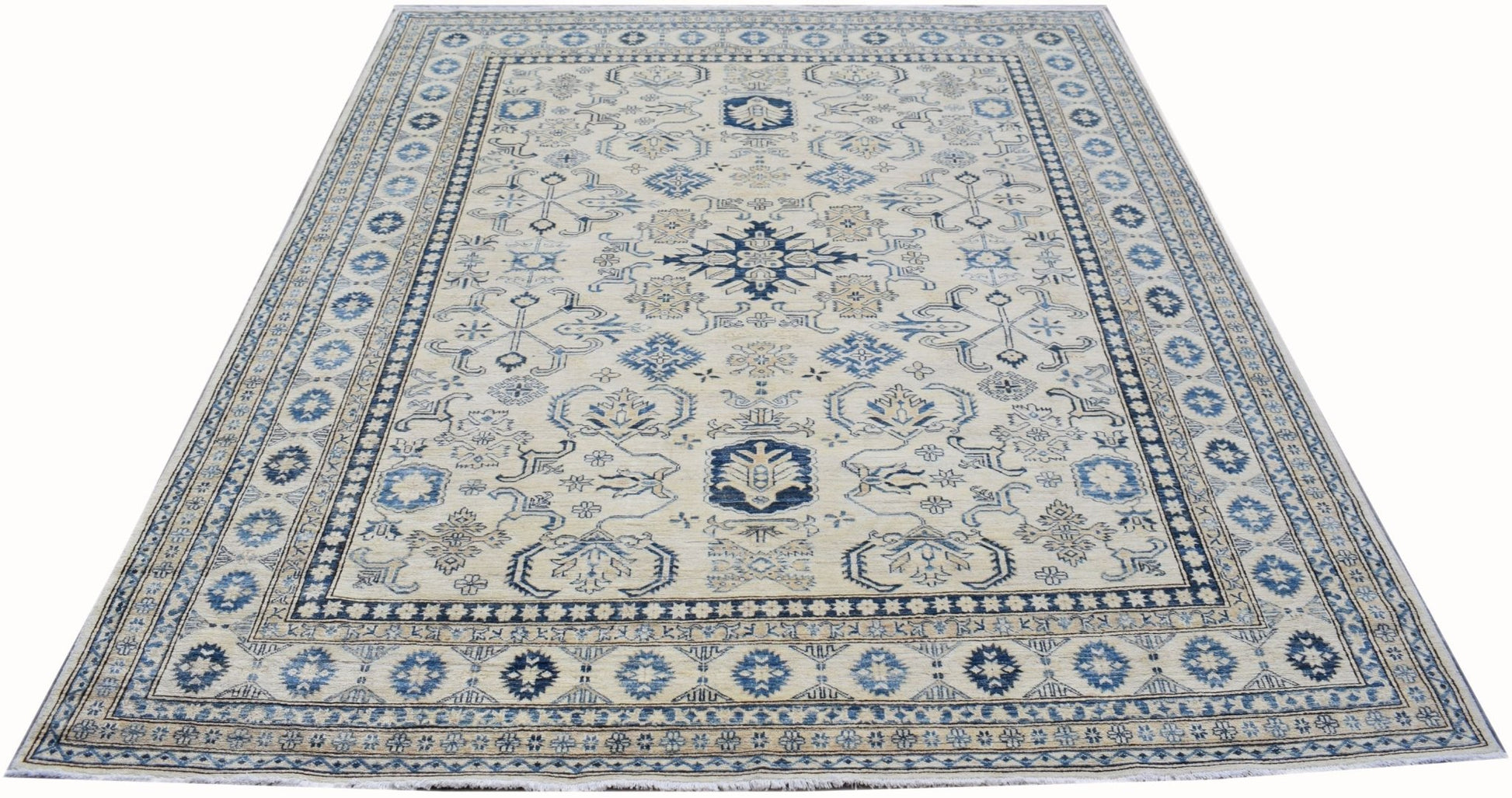 Handmade Afghan Super Kazakh rug featuring traditional blue and beige geometric patterns.