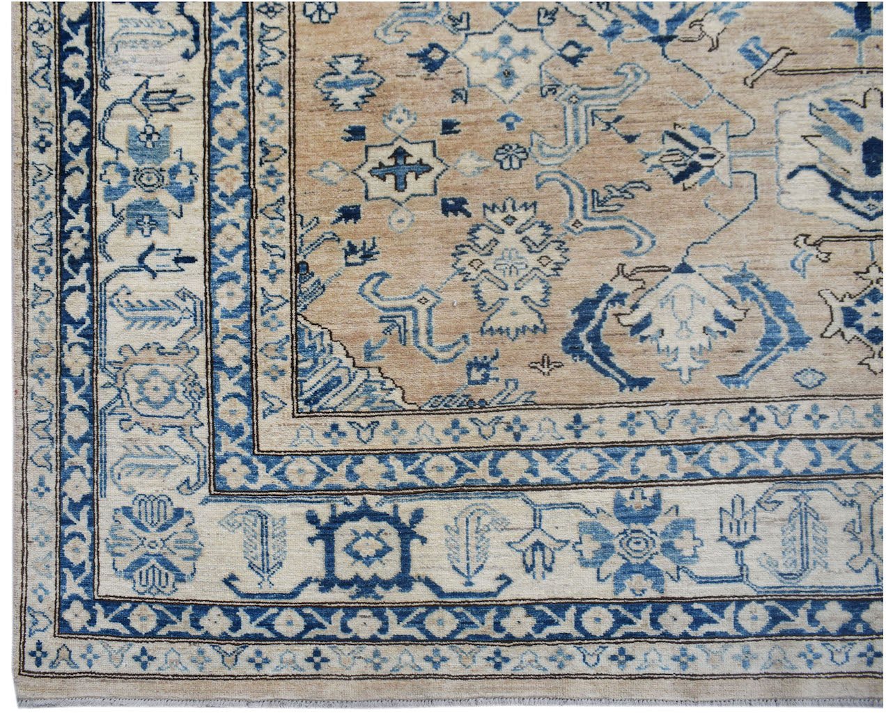 Handmade Afghan Super Kazakh rug featuring traditional blue geometric motifs on a tan background.