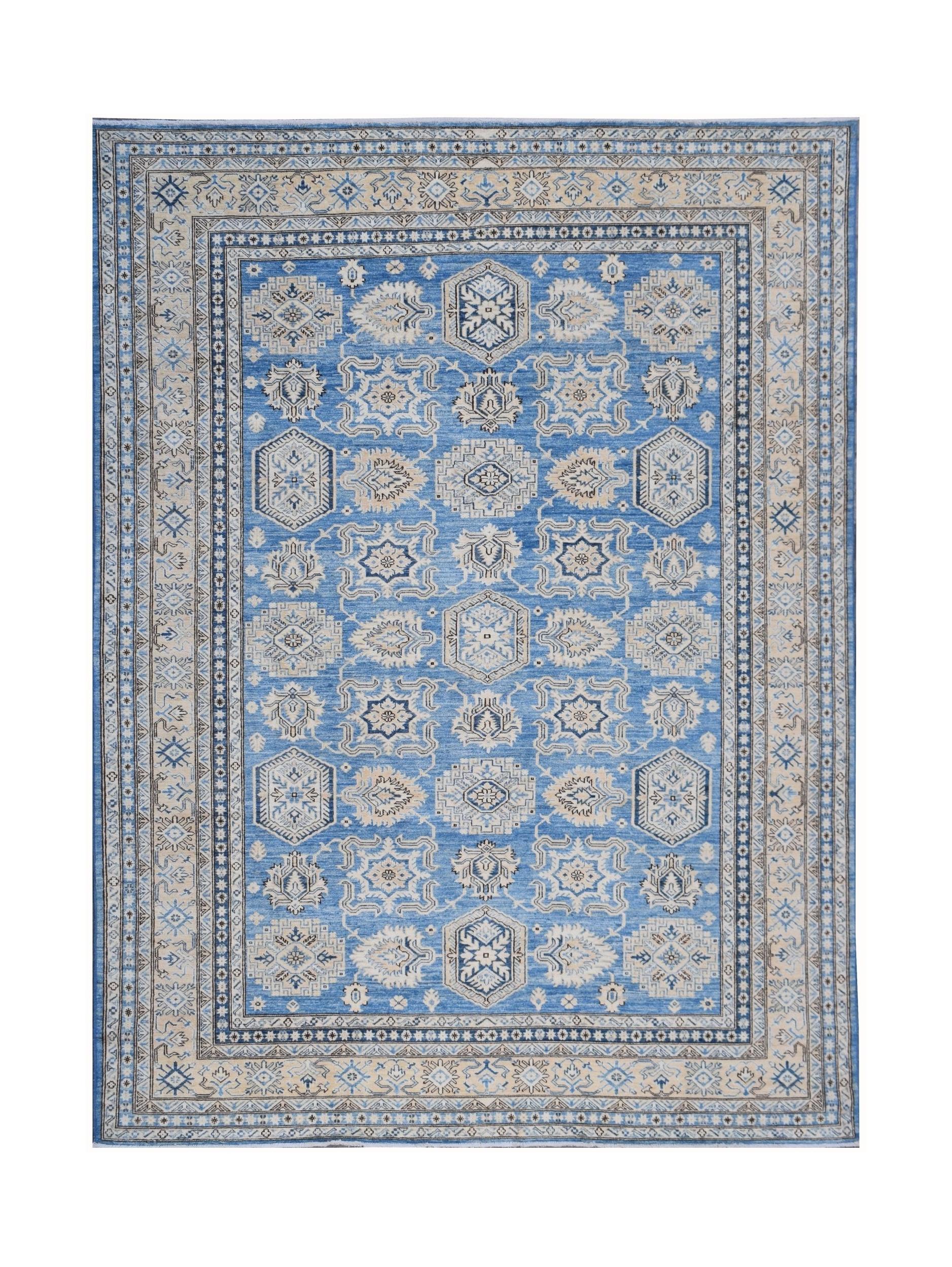 A handmade Afghan Super Kazakh rug featuring traditional geometric motifs in blue and beige.