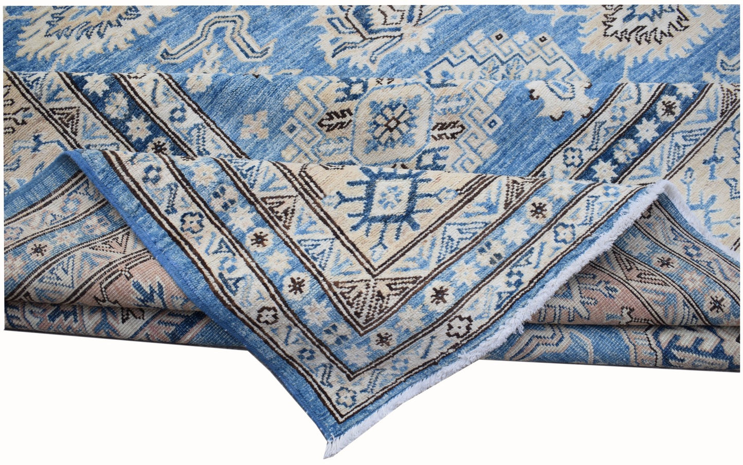 A handmade Afghan Super Kazakh rug featuring traditional geometric motifs in shades of blue and cream.
