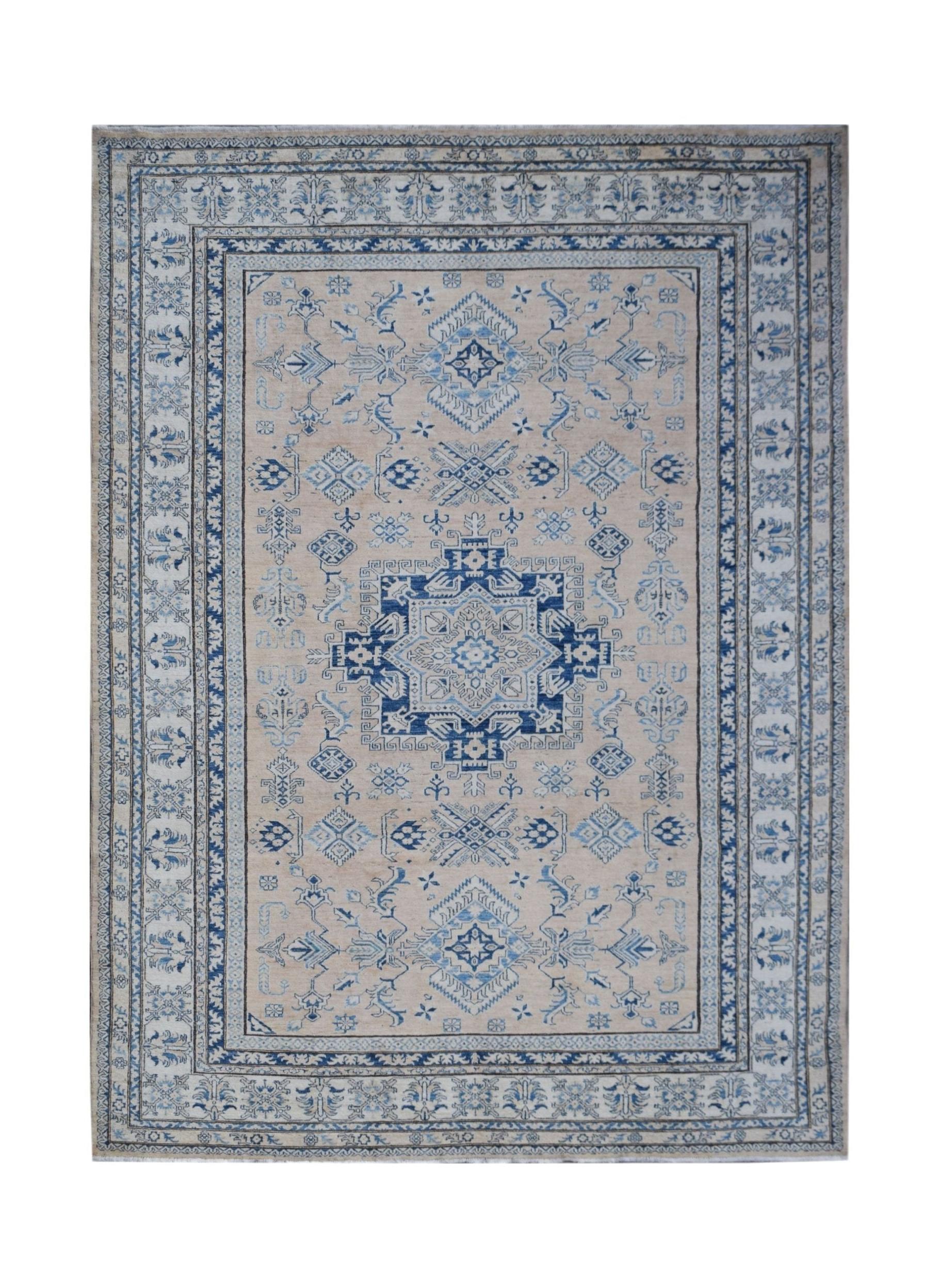 A handmade Afghan Super Kazakh rug featuring traditional blue geometric motifs on a beige field.