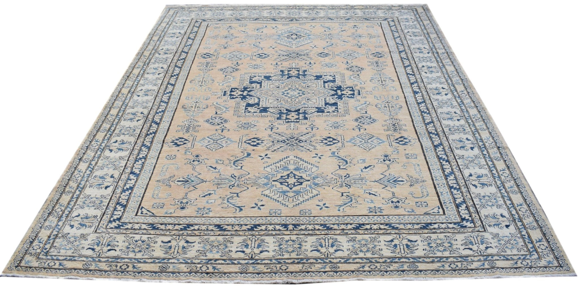 A rectangular Afghan Super Kazakh rug featuring traditional blue geometric motifs on a beige field.