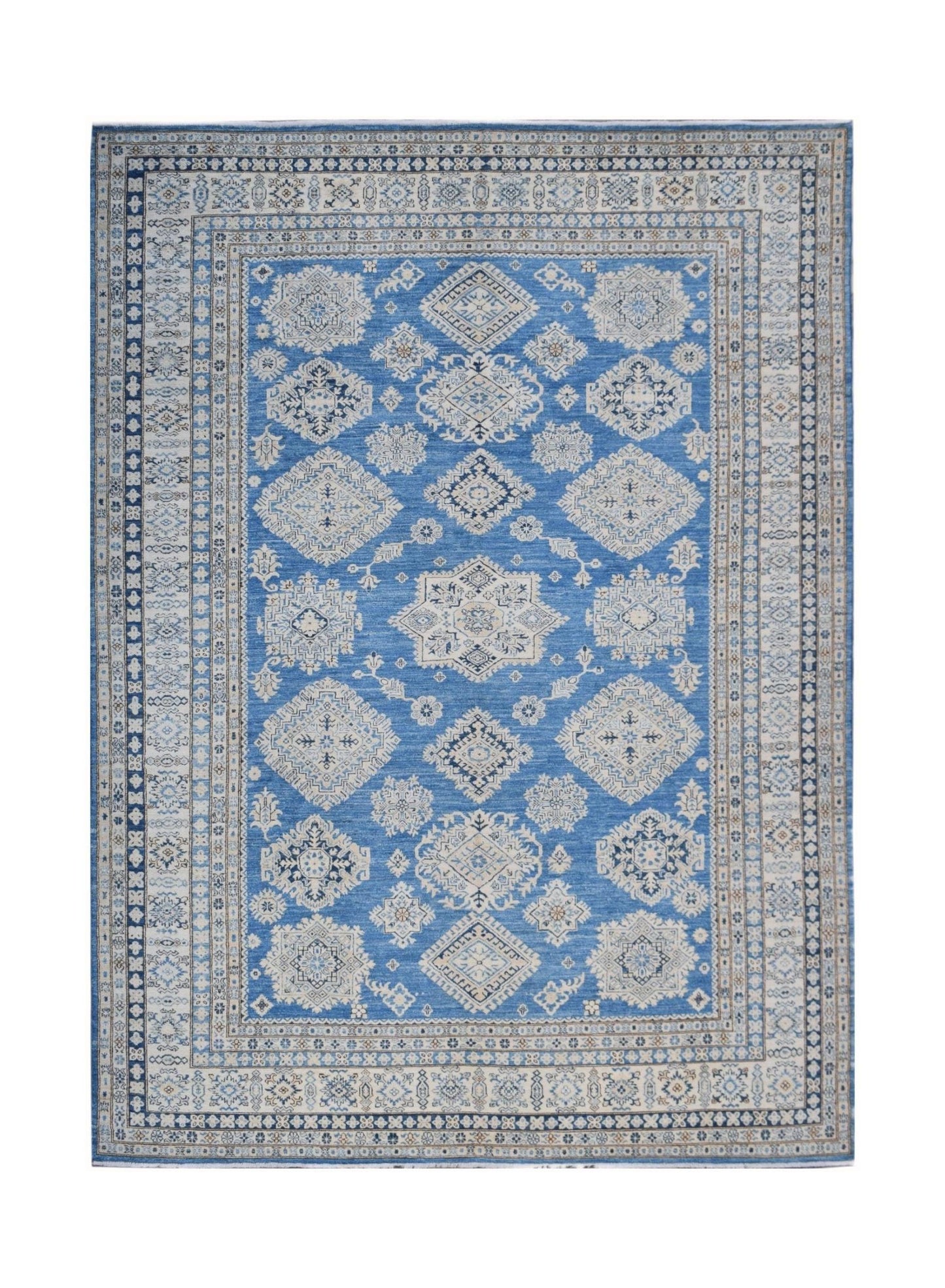 Handmade Afghan Super Kazakh rug featuring traditional geometric motifs in blue and cream tones.
