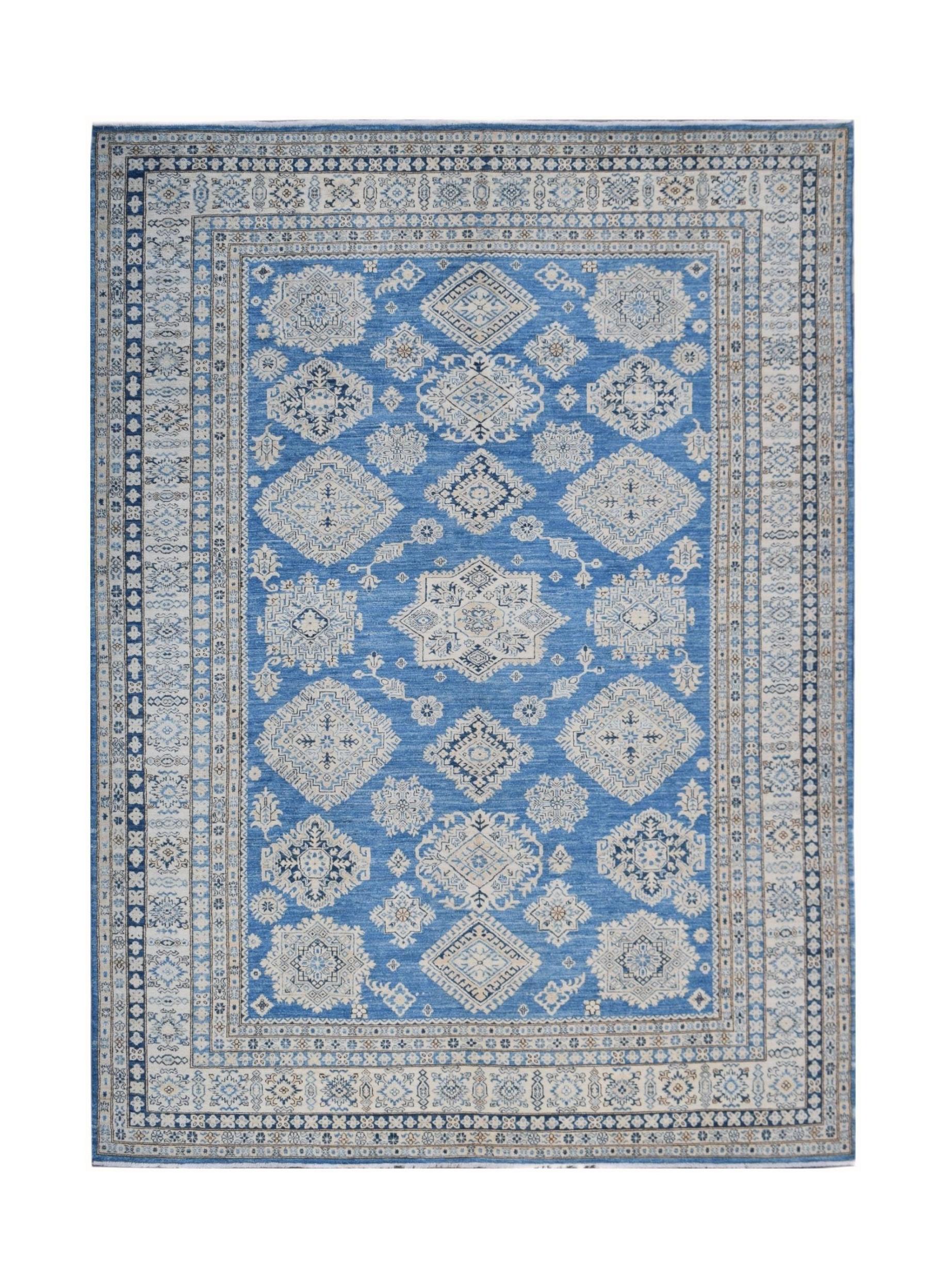 Handmade Afghan Super Kazakh rug featuring traditional geometric motifs in blue and cream tones.