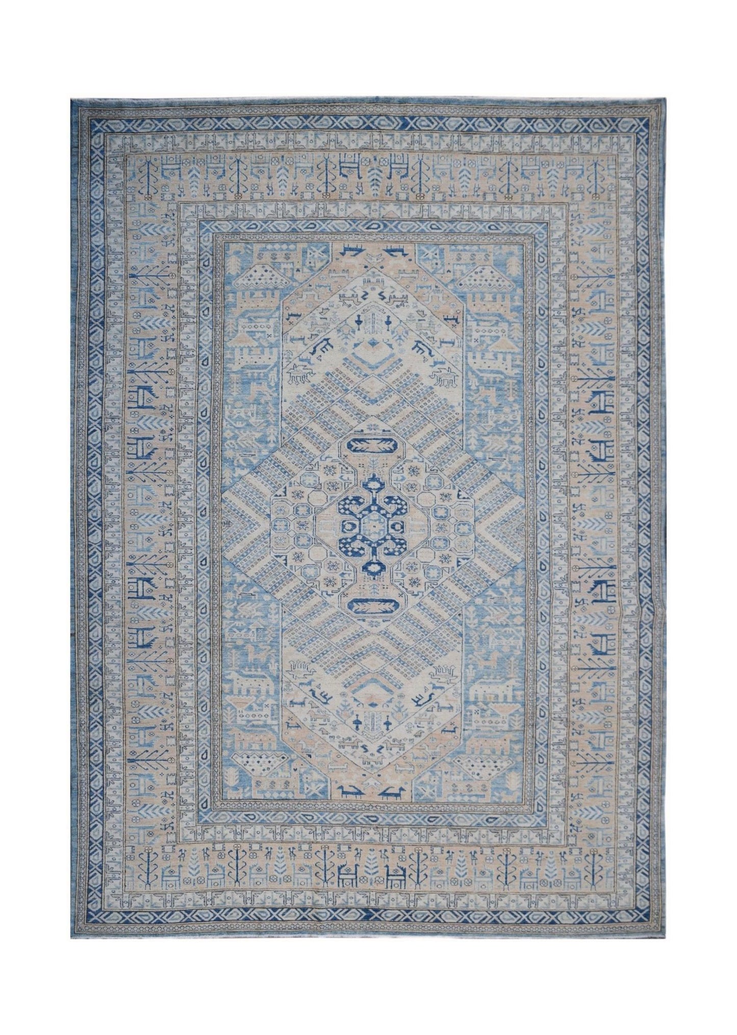 Handmade Afghan Super Kazakh rug featuring a blue and cream geometric medallion pattern.